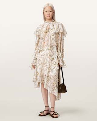 AllSaints Heba Floral Organza Linen Blend Midi Skirt