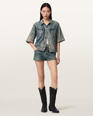 AllSaints Asher Terry High Waisted Denim Illusion Shorts