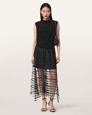 AllSaints Celia Sheer Overlay Midi Skirt