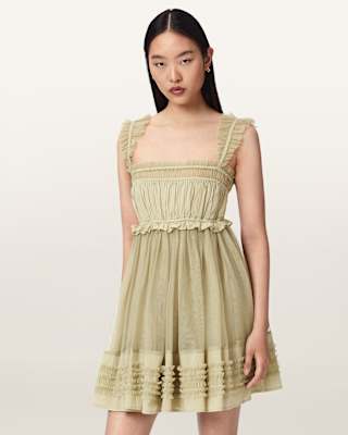 AllSaints Angela Gathered Frill Mini Dress