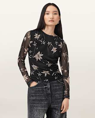 AllSaints Caia Floral Mesh Top