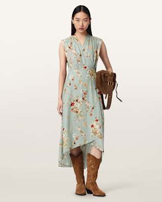AllSaints Mira Silk Blend Floral Midi Dress