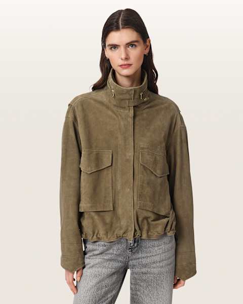 AllSaints Clay Funnel Neck Suede Cropped Jacket