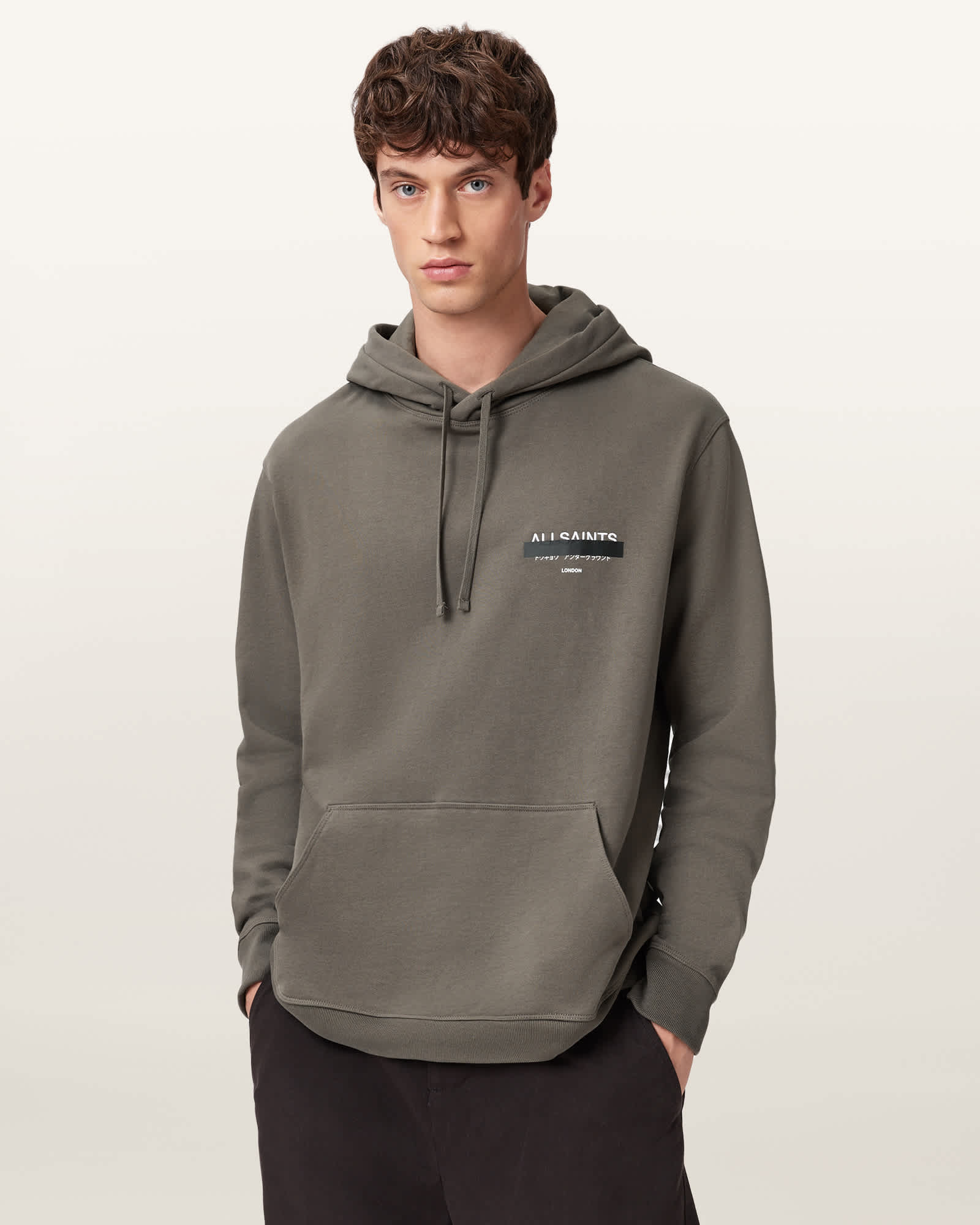 Allsaints Redact Pullover Embroidered Logo Hoodie In Gray