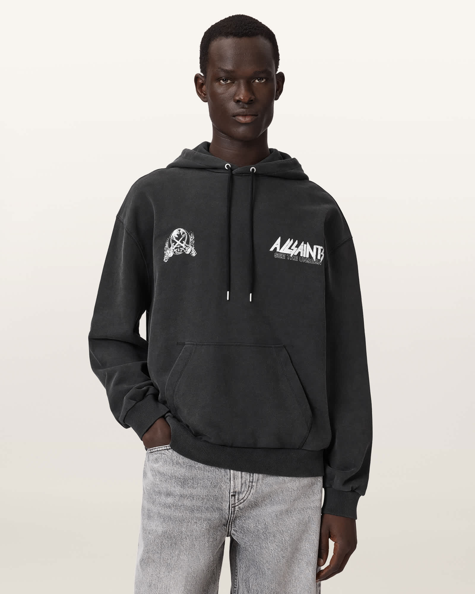Allsaints Men's Black Chromium Long Sleeve Graphic Hoodie - Size  Xs
