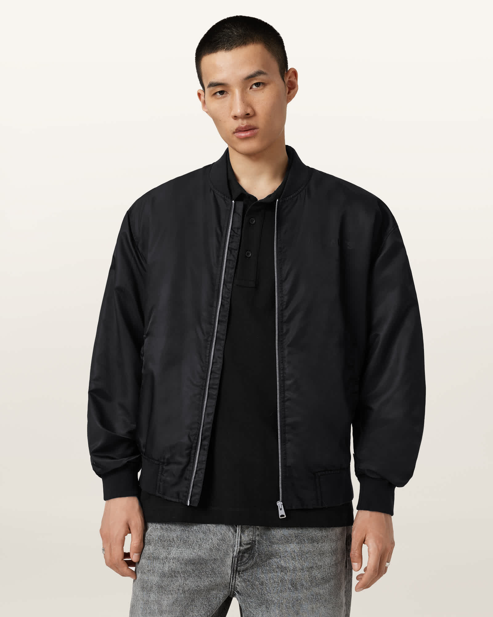 Allsaints Mens Black/khaki Br Bassett Stand-collar Reversible Cotton-blend Jacket Xs In Black