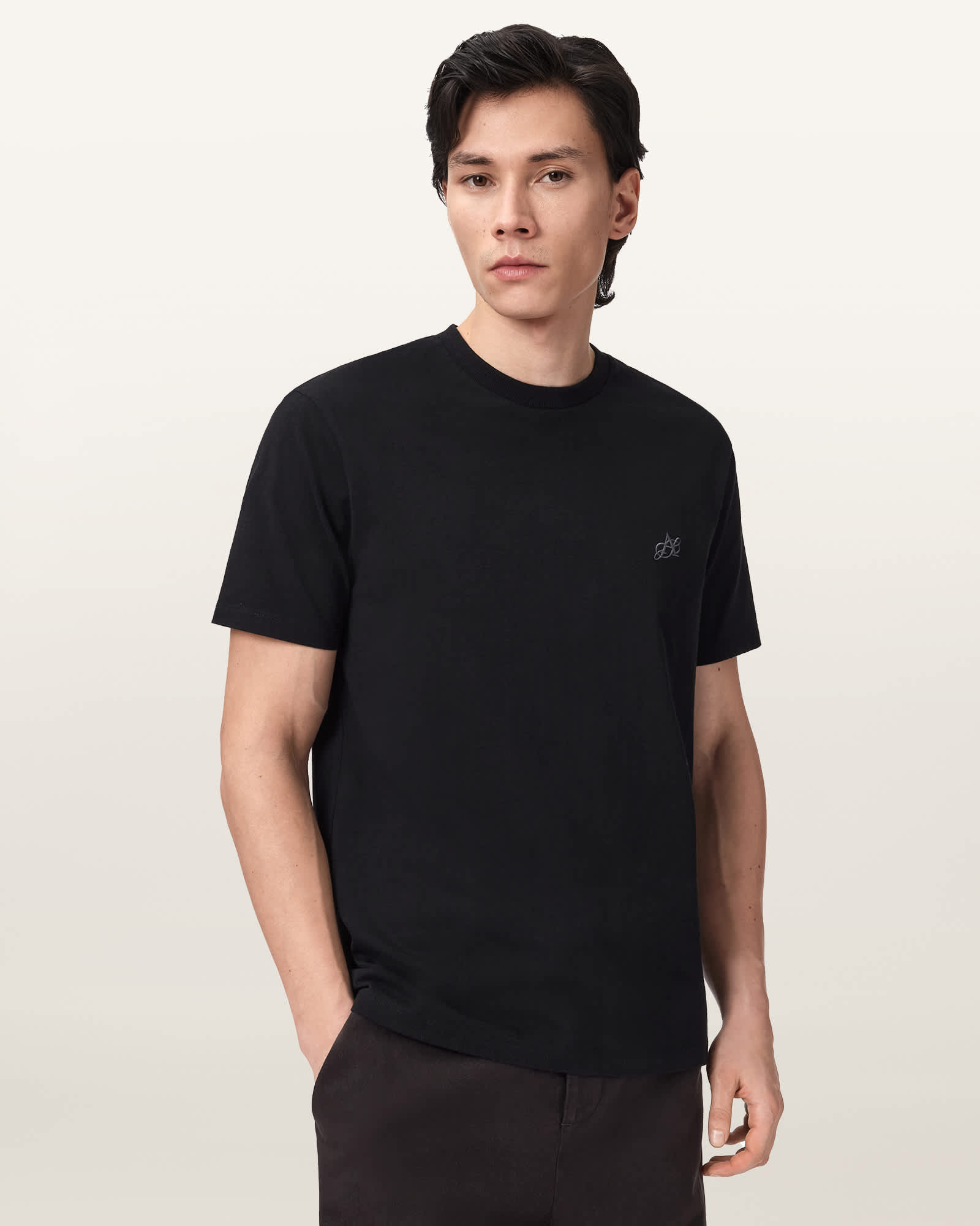 AllSaints Cipher Embroidered Crew Neck T-Shirt,, Jet Black