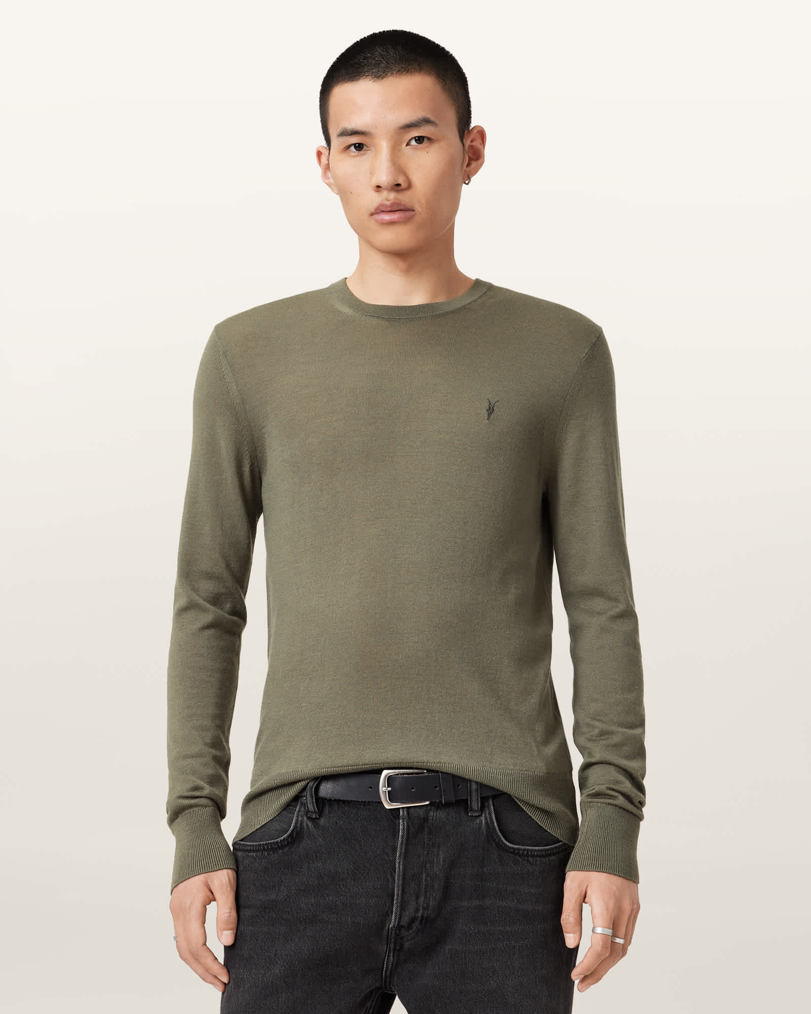 Allsaints Main: 100% Merino Wool Mode Merino Crew Neck Ramskull Jumper In Green