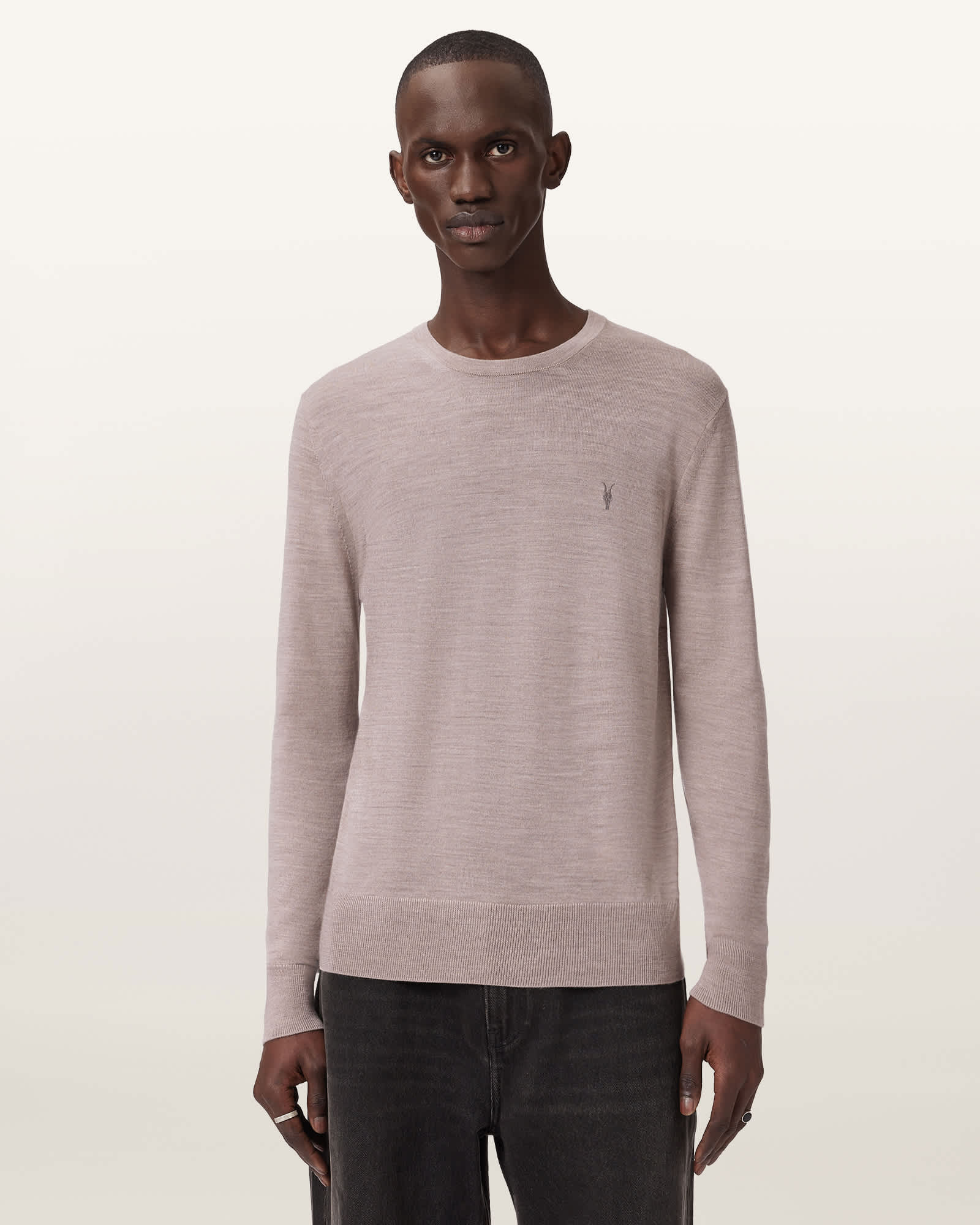 AllSaints Wool Mode Merino Crew Neck Ramskull Jumper, Size: XXL