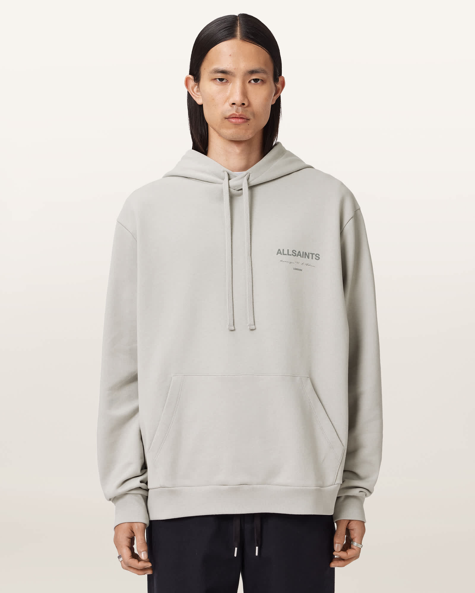 Allsaints Mens Carbon Grey Future Relaxed-fit Logo-print Cotton Hoody In Gray