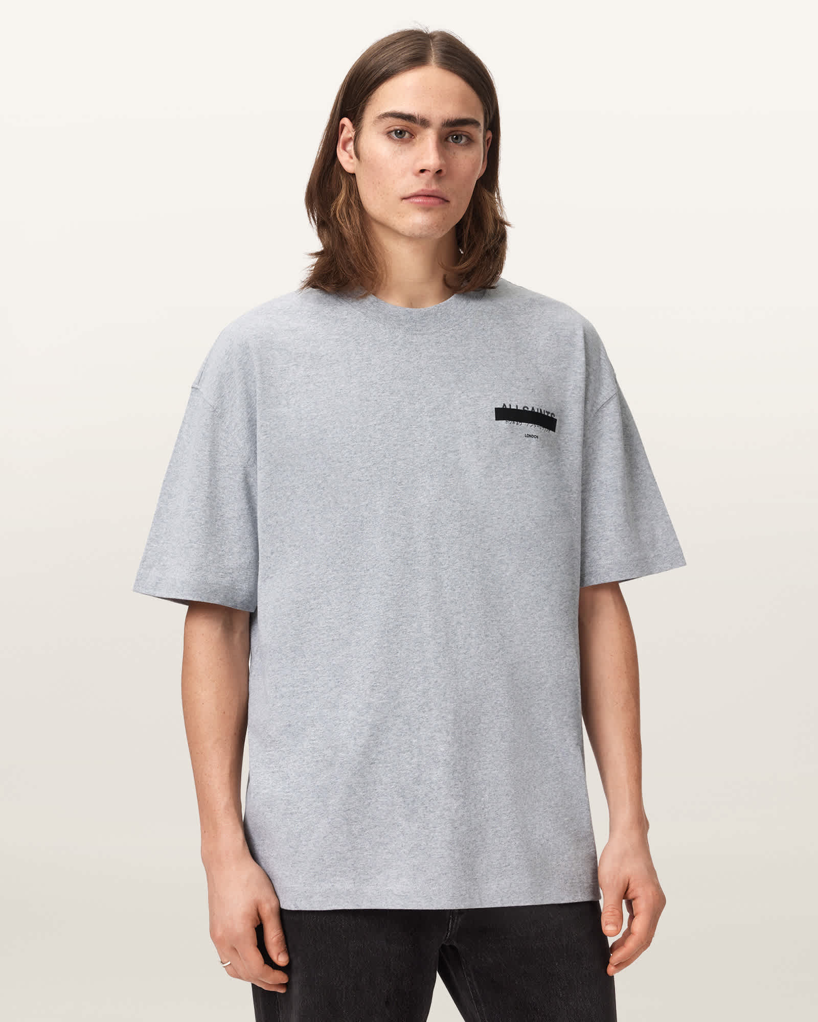 AllSaints Redact Oversized Embroidered Logo T-Shirt, Grey