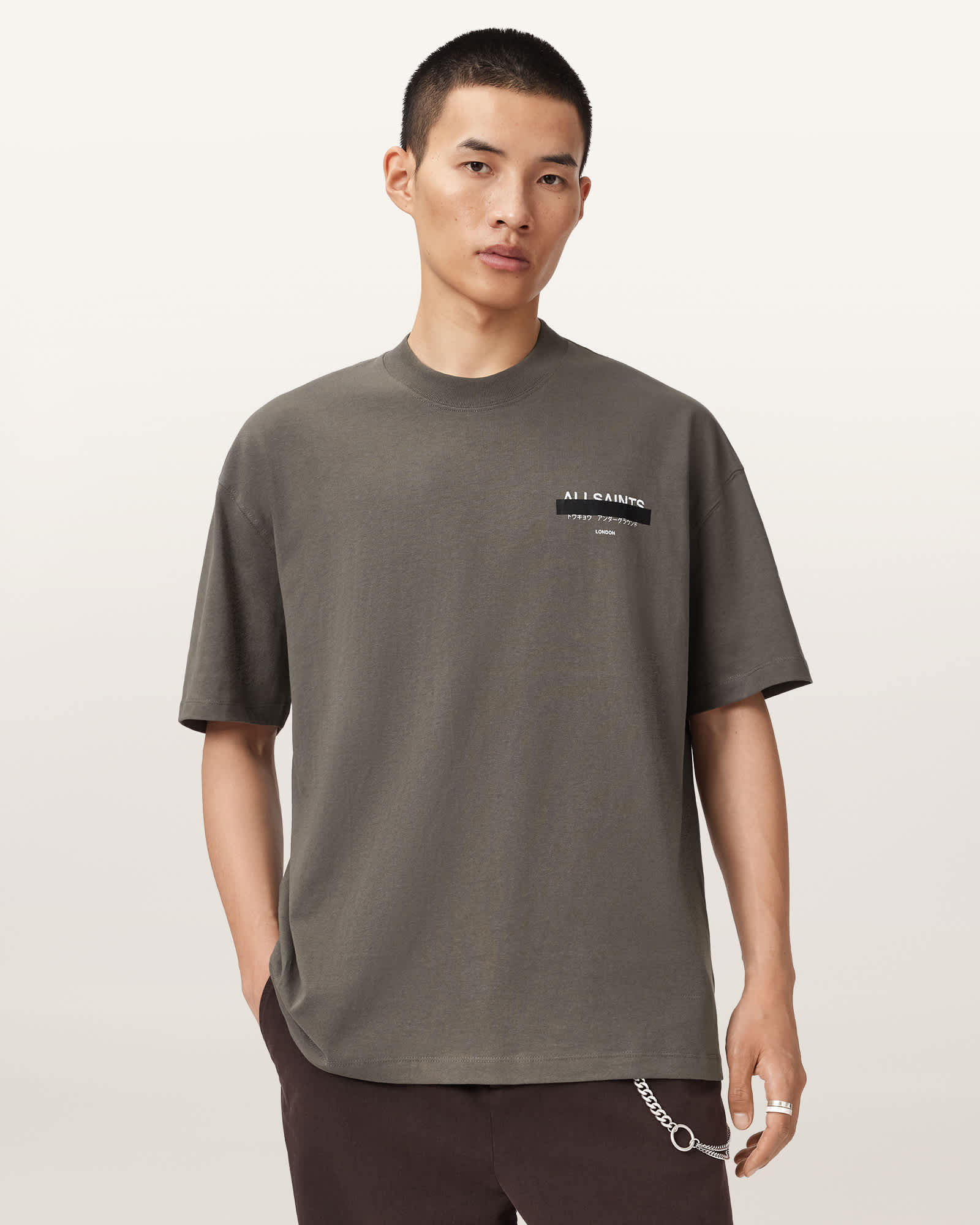 AllSaints Redact Oversized Embroidered Logo T-Shirt,, Green