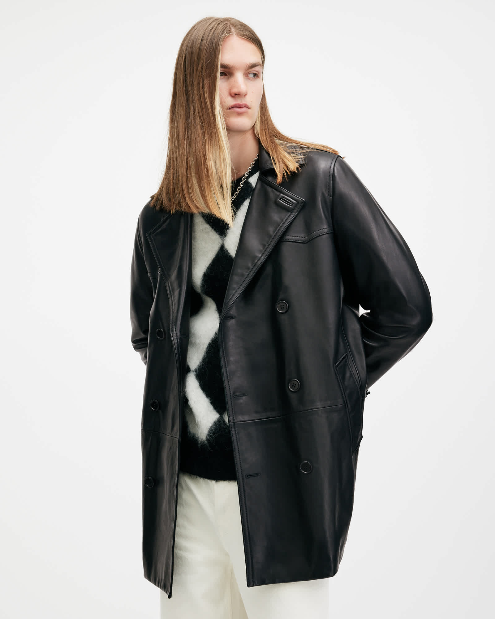 AllSaints Men's Kessler Double Breasted Leather Coat