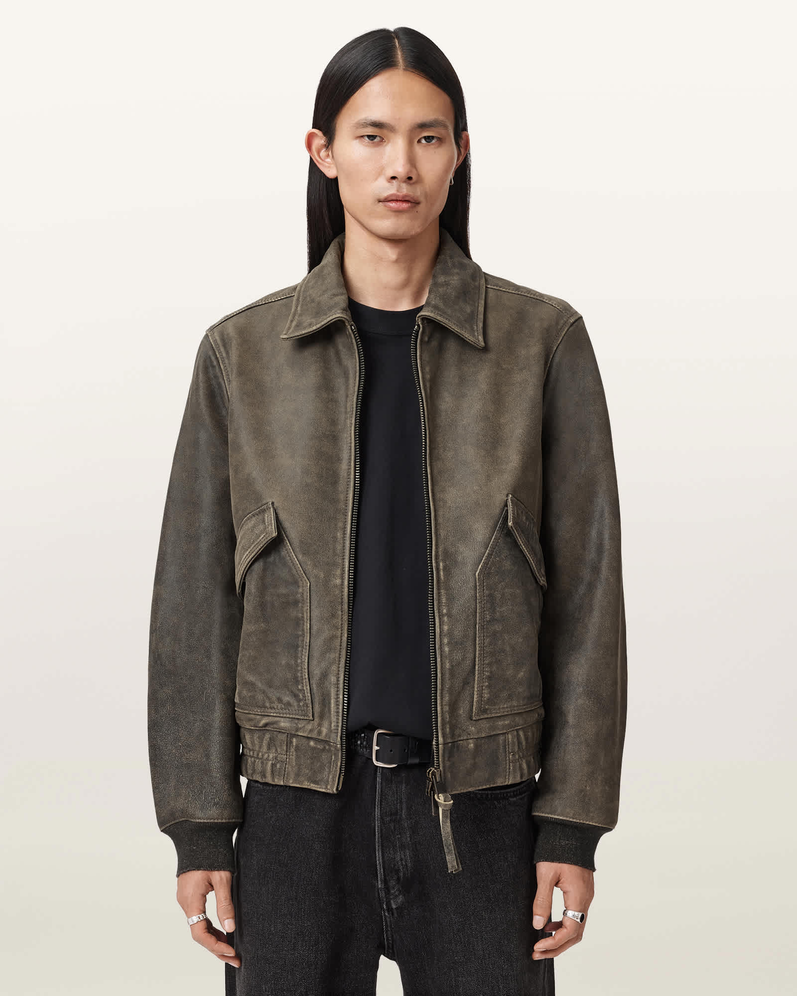 AllSaints Marland Aviator Leather Jacket,, Black Beige