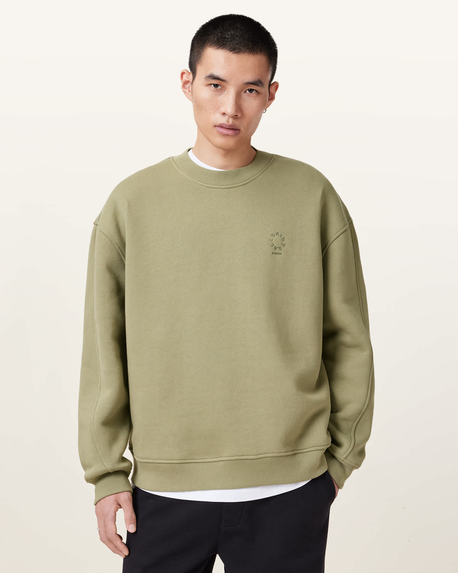 AllSaints Haven Embroidered Logo Oversized Sweatshirt,, Light Ash Green