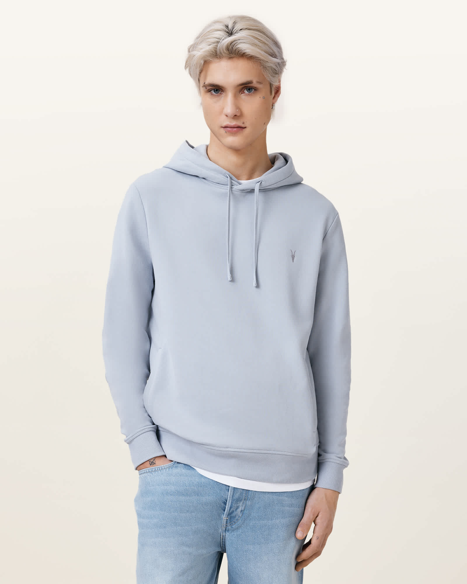 AllSaints Raven Pullover Ramskull Hoodie,, Willow Blue