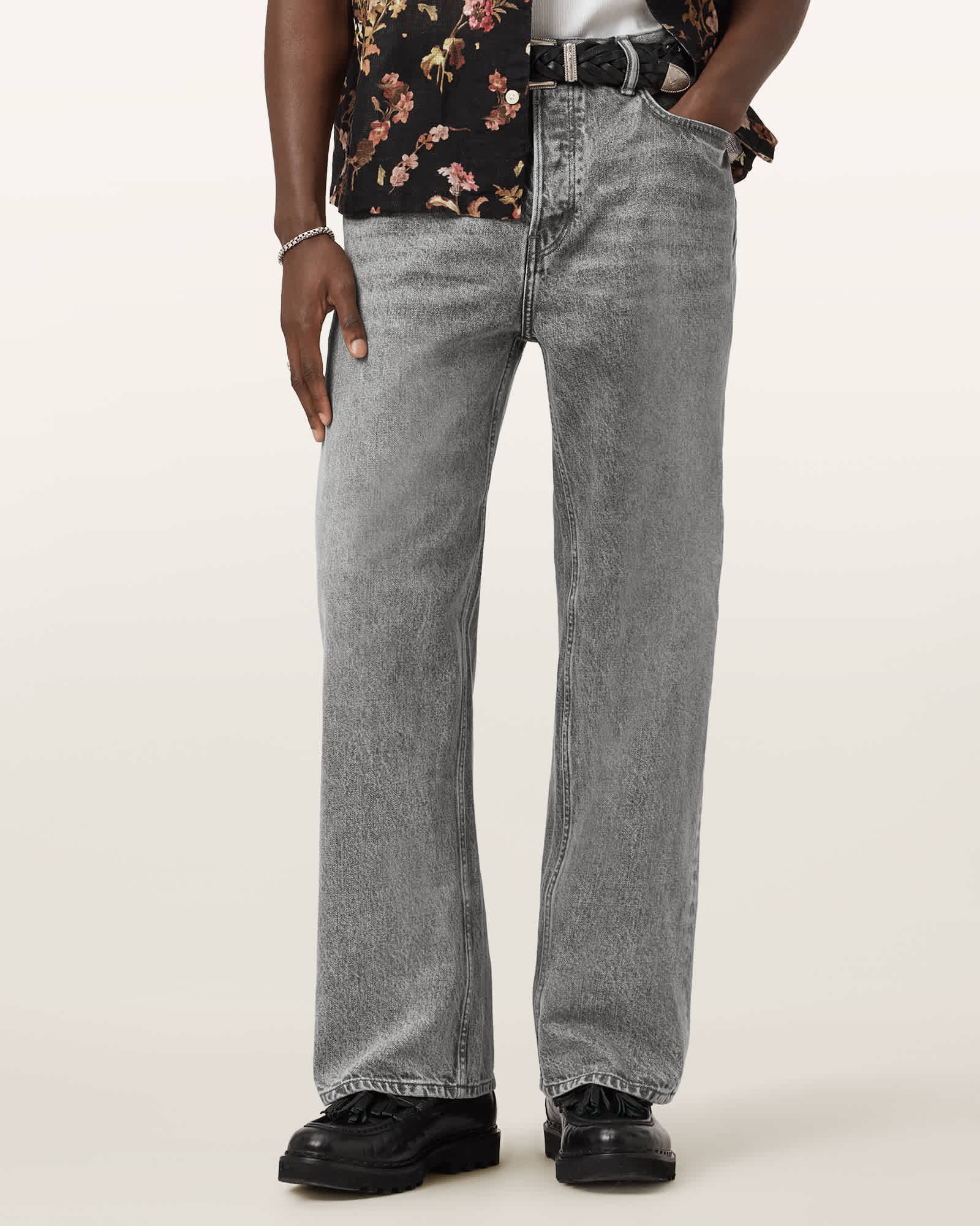 AllSaints Lenny Loose Fit Wide Leg Denim Jeans,, Light Grey