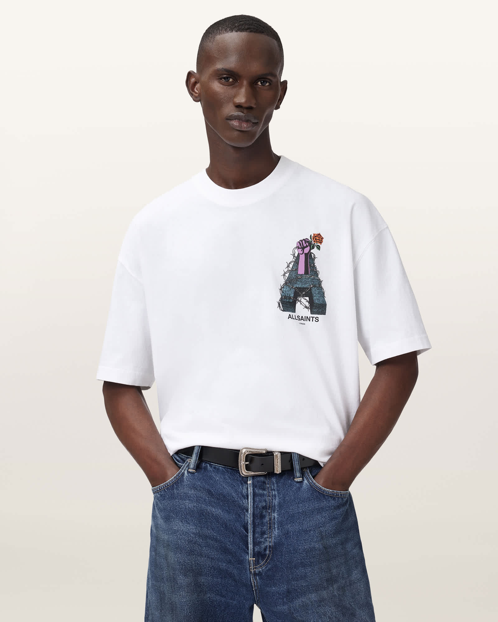 Allsaints Mens Optic White Defiance Graphic-print Cotton-jersey T-shirt In White