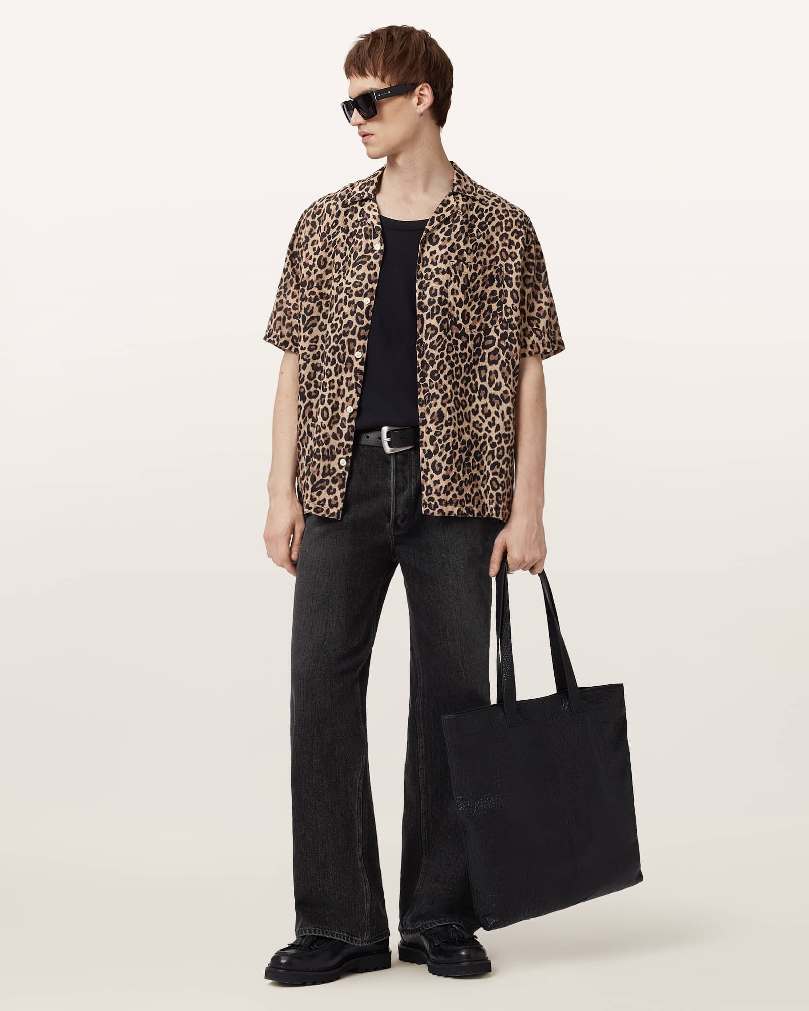 AllSaints Linen/Cotton Leopardone Linen Blend Shirt, Size: L
