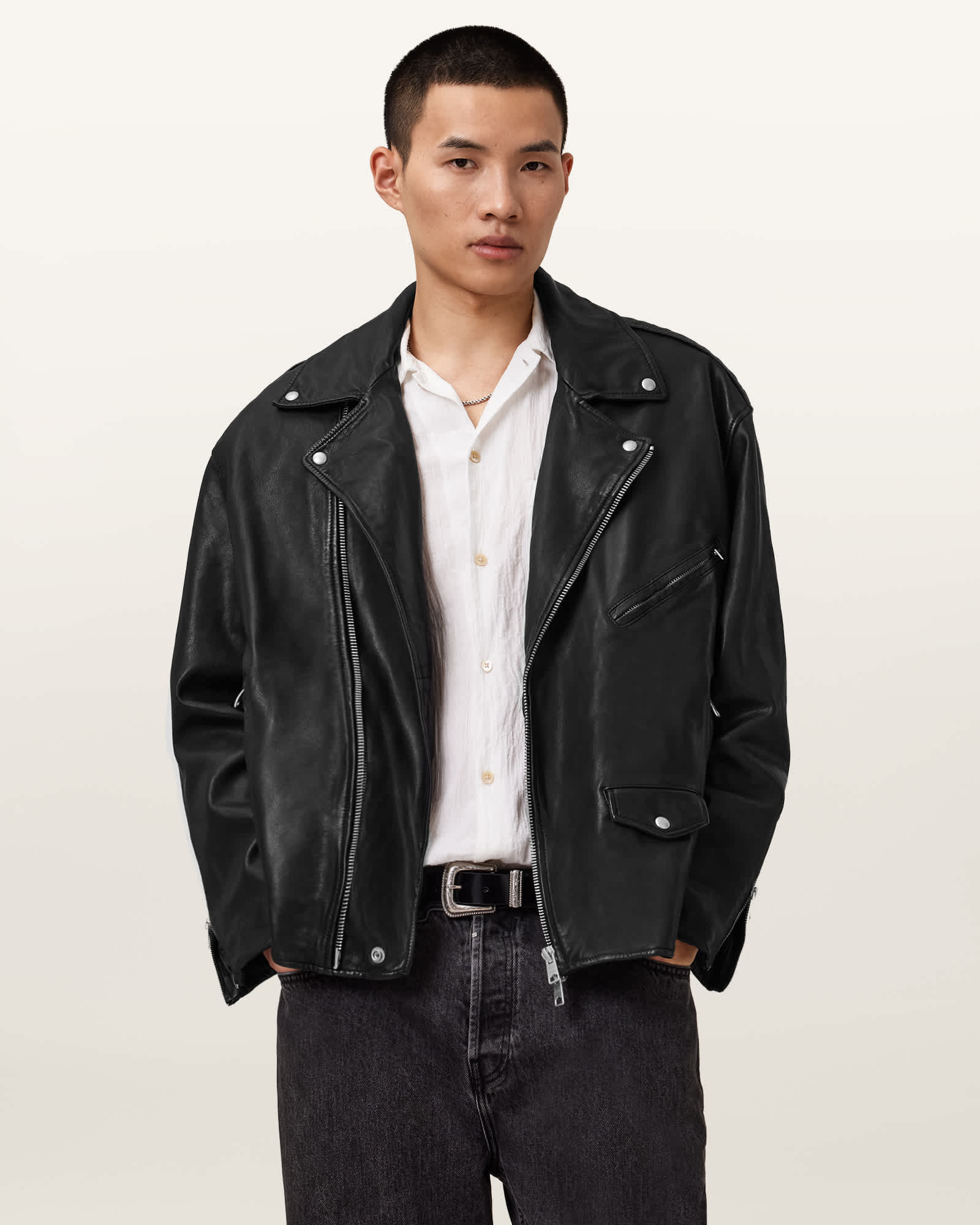 AllSaints Sheep Leather Bradford Oversized Leather Biker Jacket
