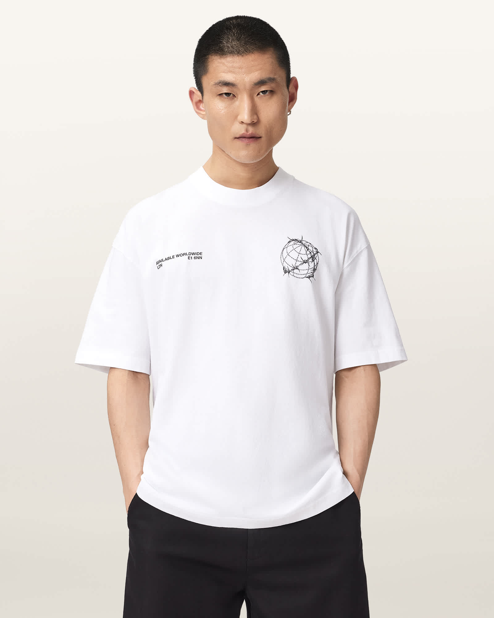Allsaints Men's White Caller Oversized Short Sleeve Graphic T-Shirt - Size  L