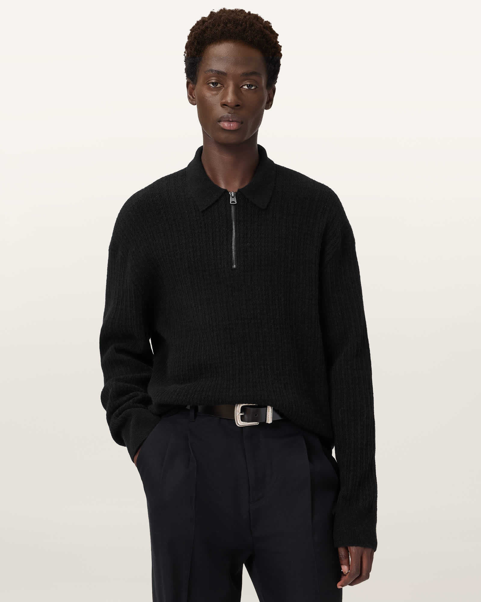 Allsaints Wool-blend Quarter-zip Jakob Polo Sweater In Black