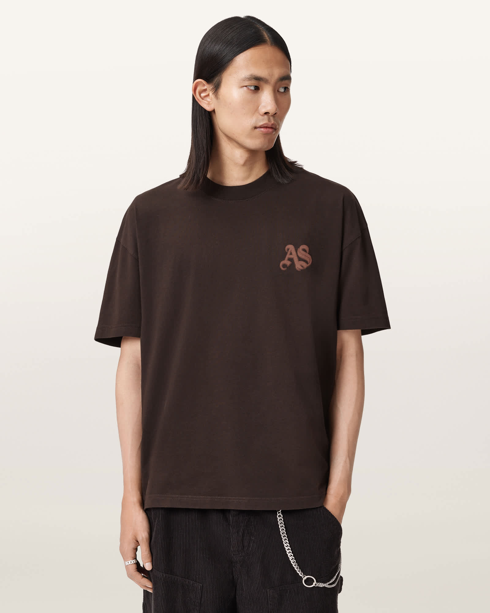 AllSaints Icon Oversized Graphic T-Shirt,, Plum Brown