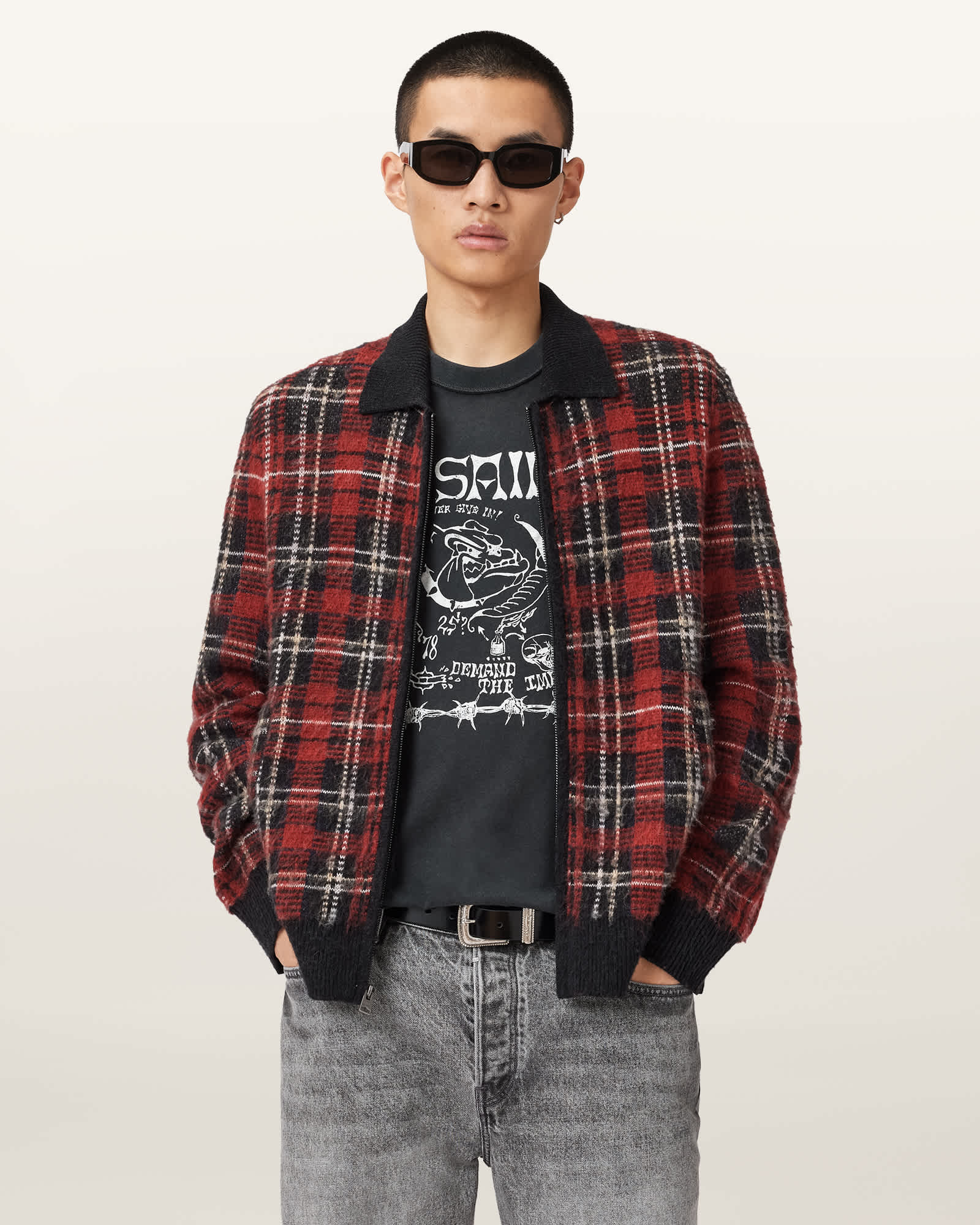 Allsaints Nettle Jacquard Plaid Cardigan In Red