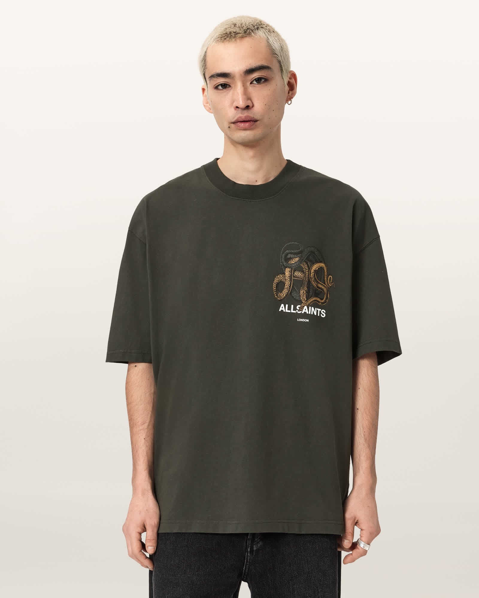 AllSaints Reticulate Oversized Graphic Snake Print T-Shirt,, Duffel Green