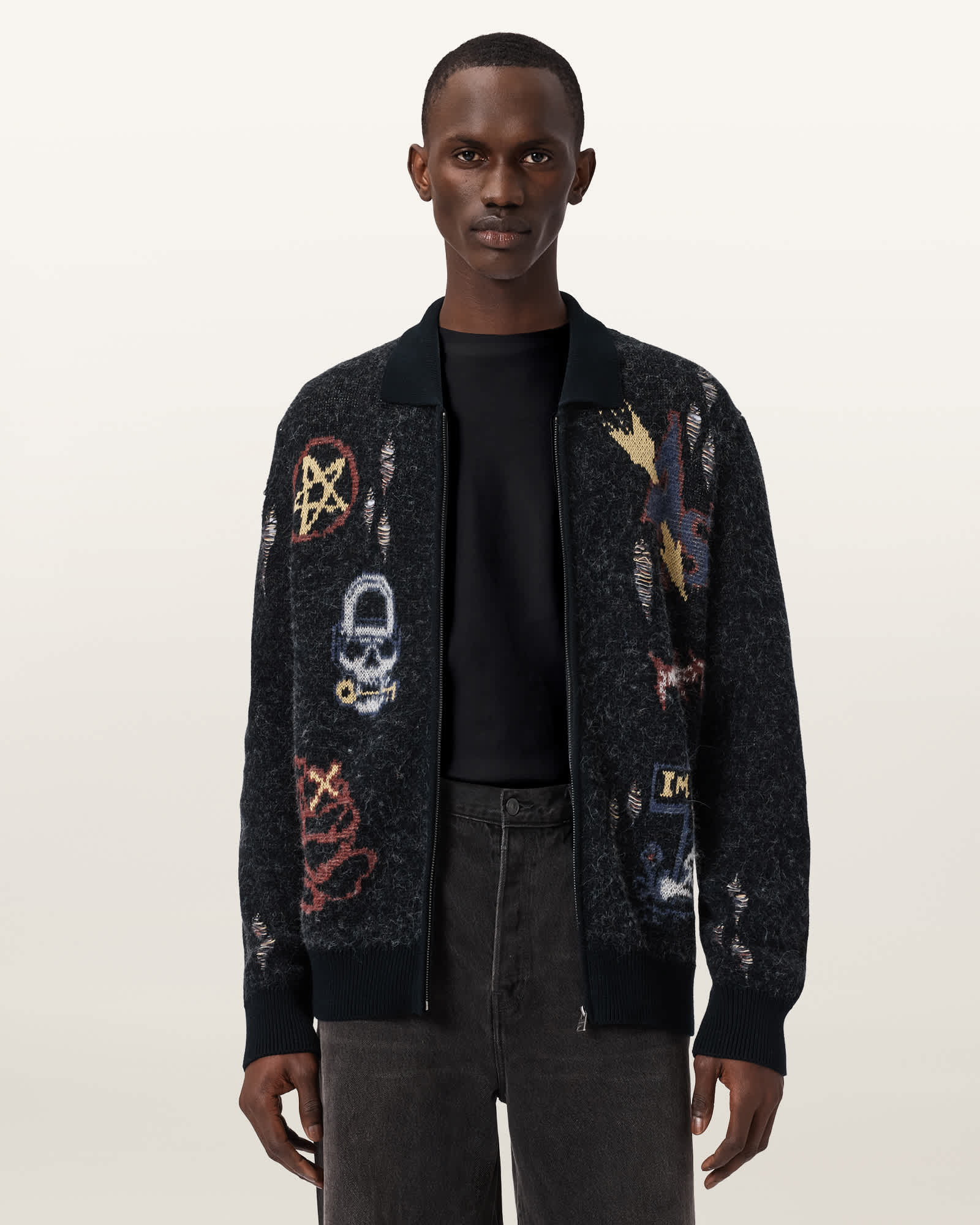 AllSaints Meller Zip Up Jacquard Cardigan,, Black