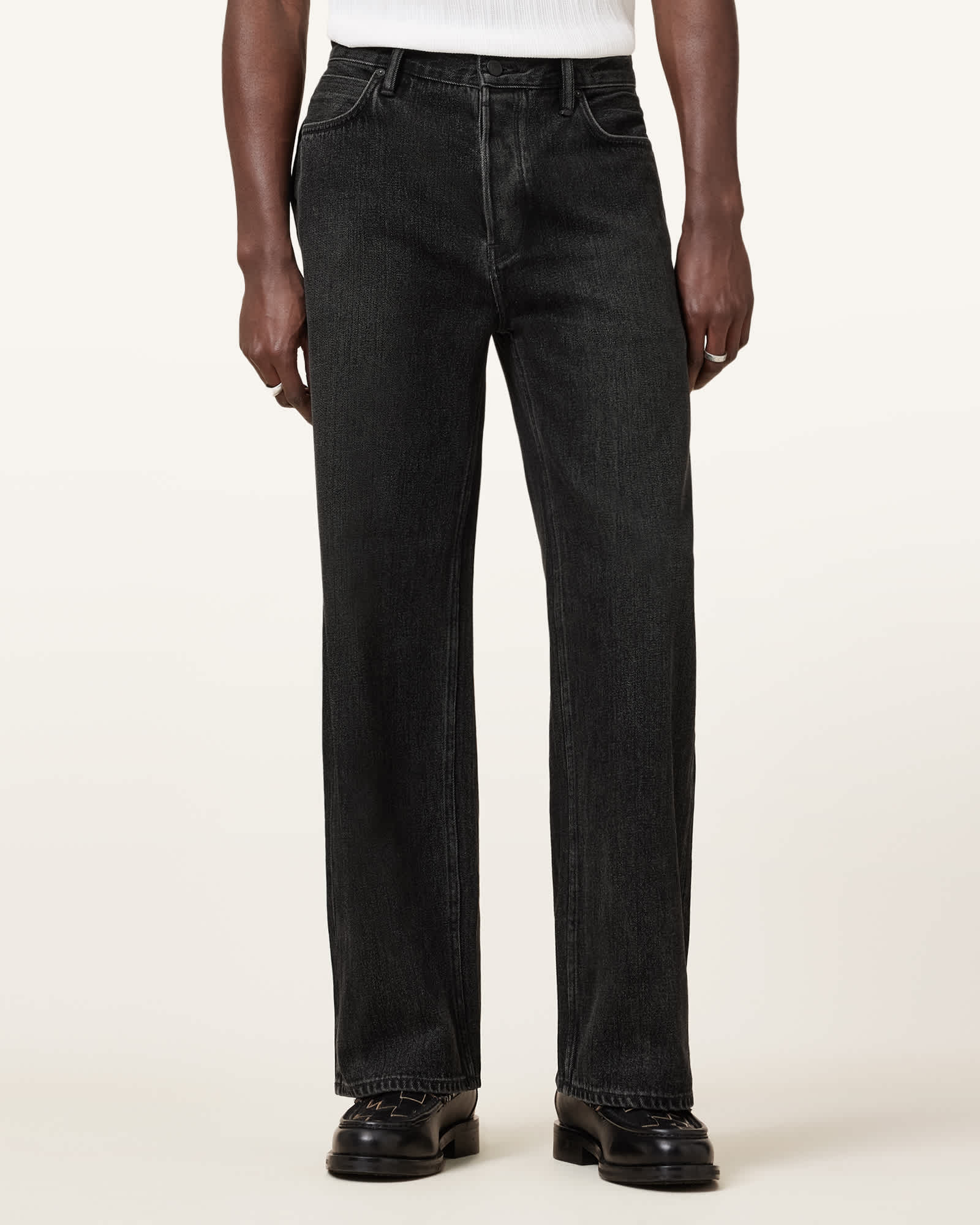 Allsaints Men's Black Lenny Loose Fit Wide Leg Denim Jeans - Size  34