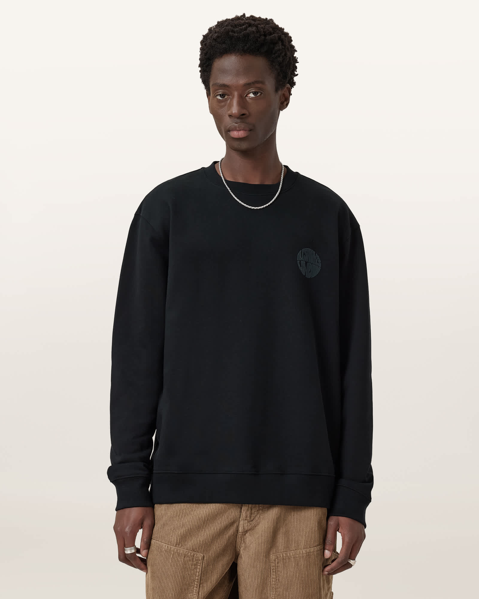 Allsaints Mens Jet Black Waved Crewneck Logo-print Cotton Sweatshirt Xs In Black
