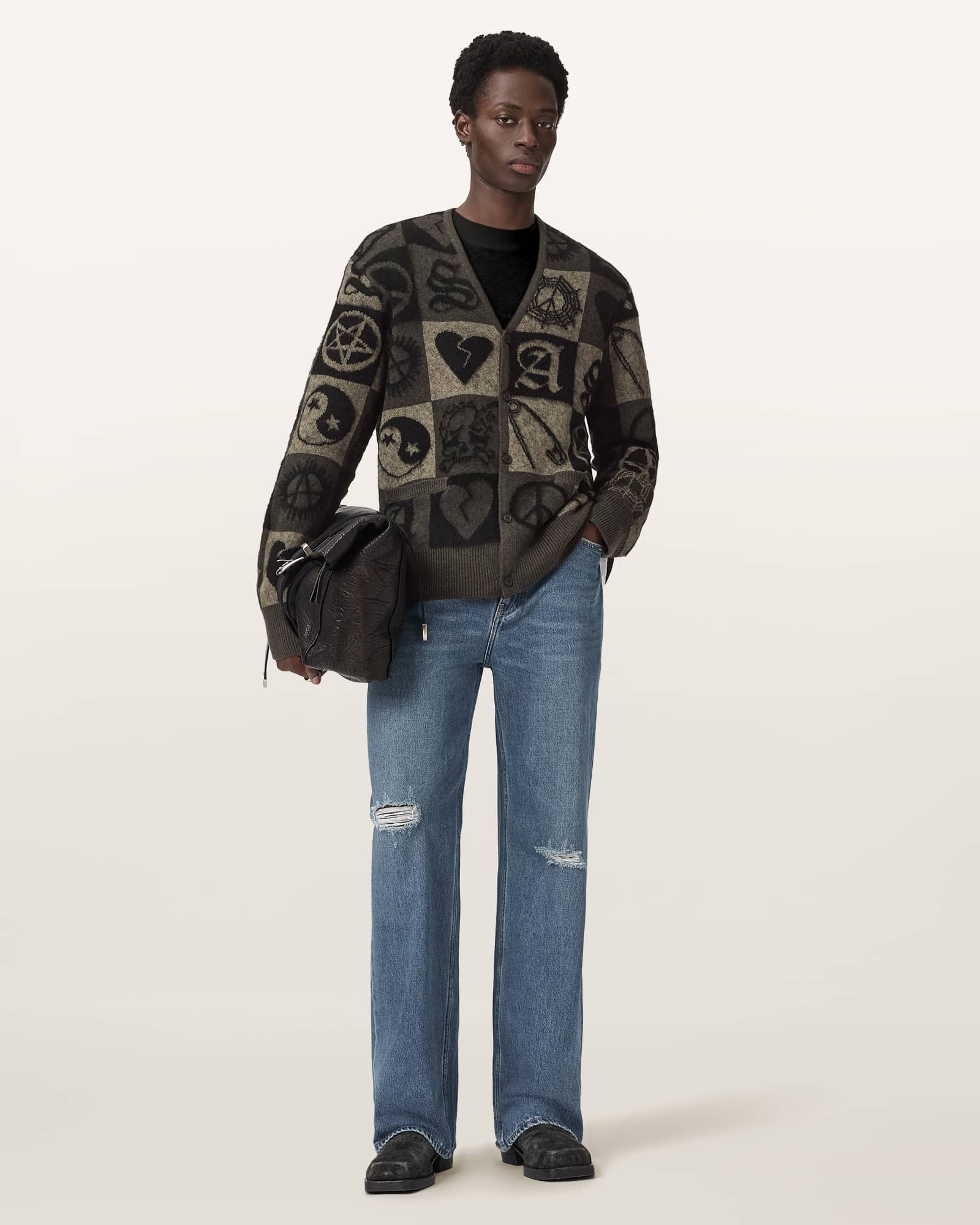 AllSaints Travis Jacquard Cardigan,, Olive Green/Black