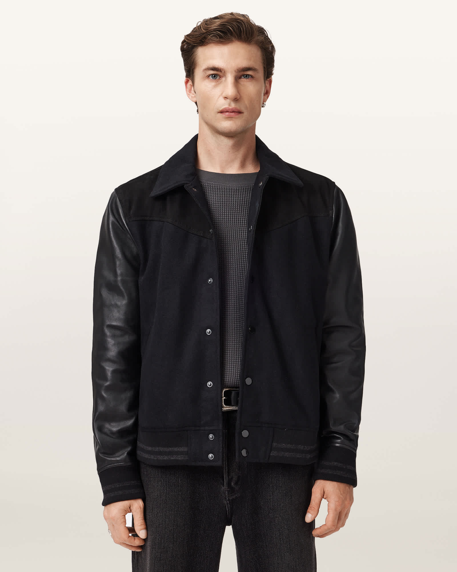 Allsaints Endleton Leather Bomber Jacket In Black