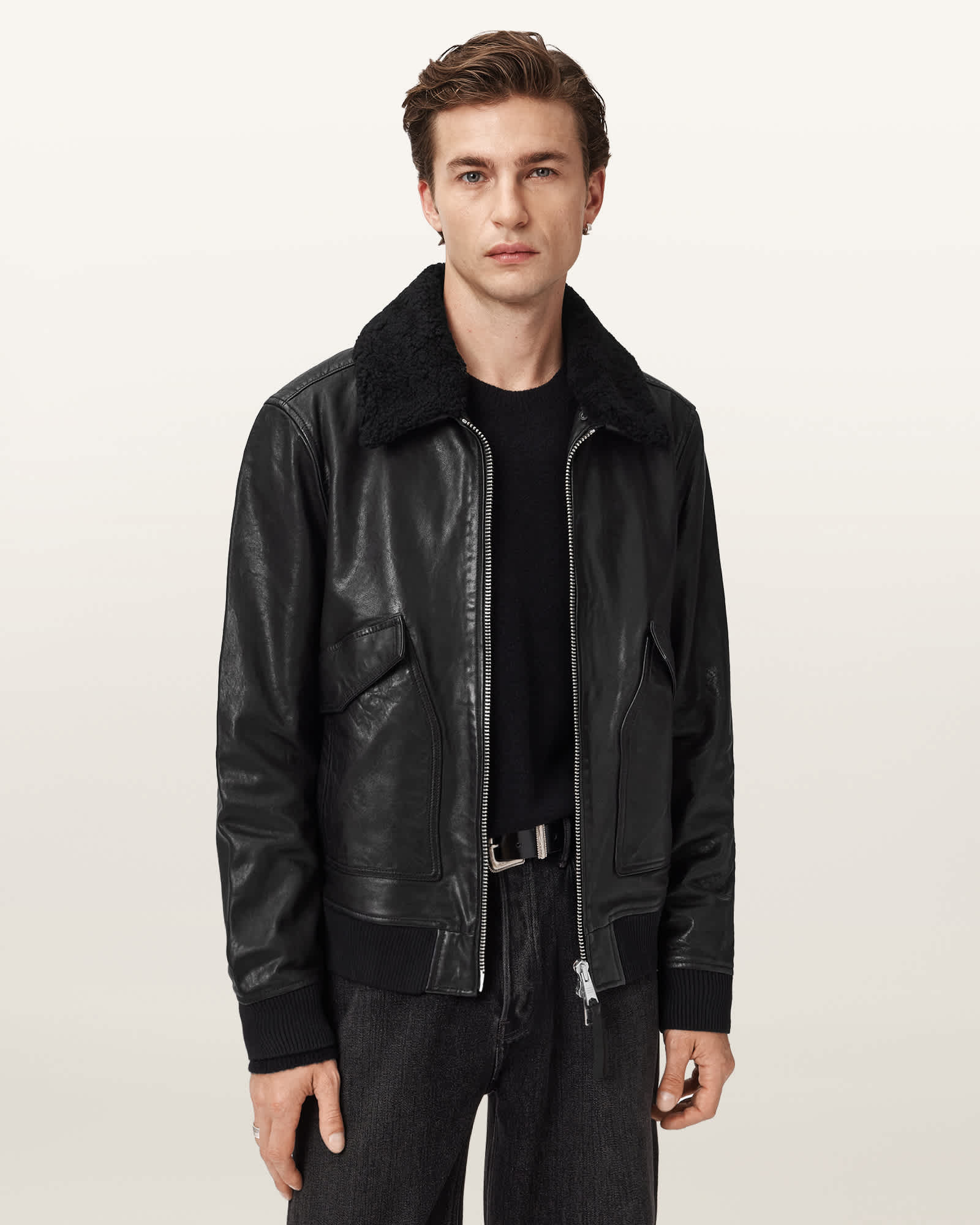AllSaints Vaucluse Aviator Leather Jacket,, Black