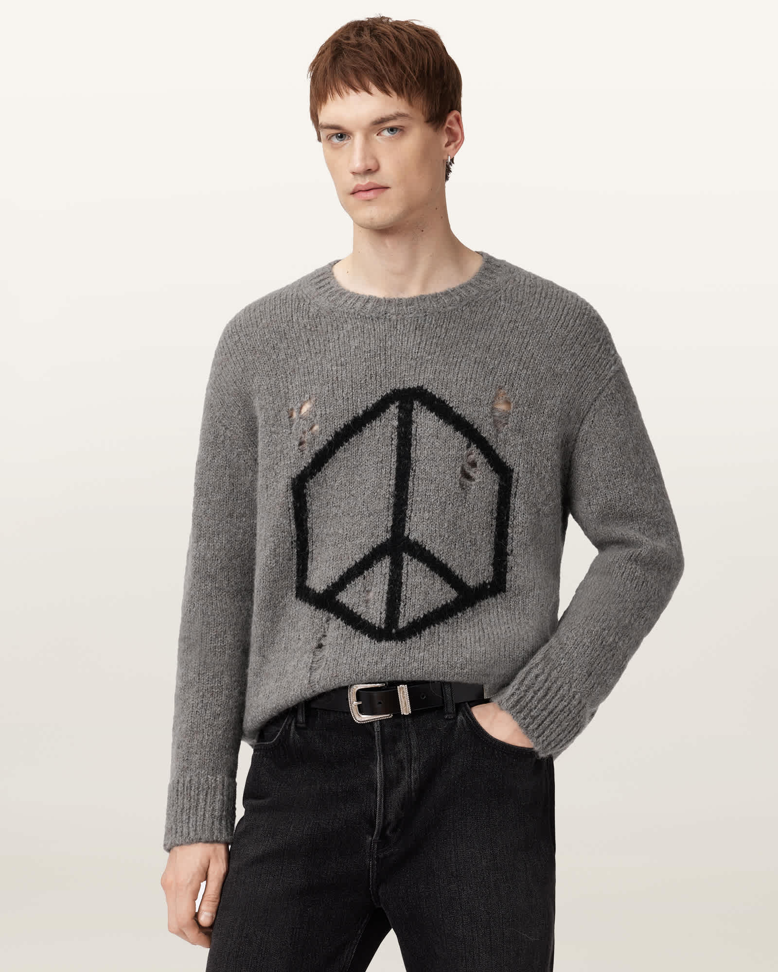 Allsaints Mens Gunmetal Grey Message Crewneck Knitted Jumper Xs In Gray