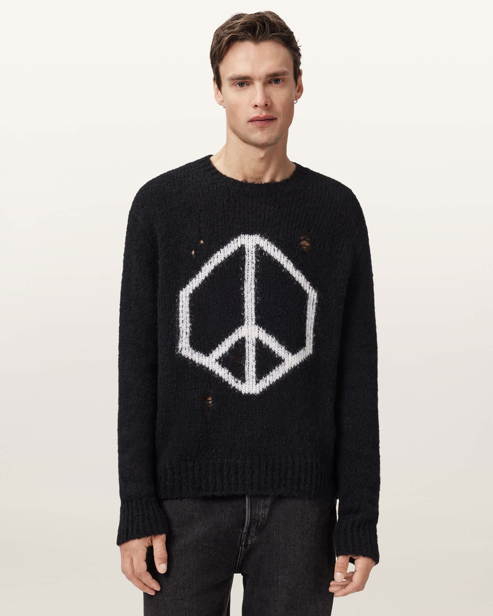 Allsaints Mens Black Message Crewneck Knitted Jumper Xs In Black