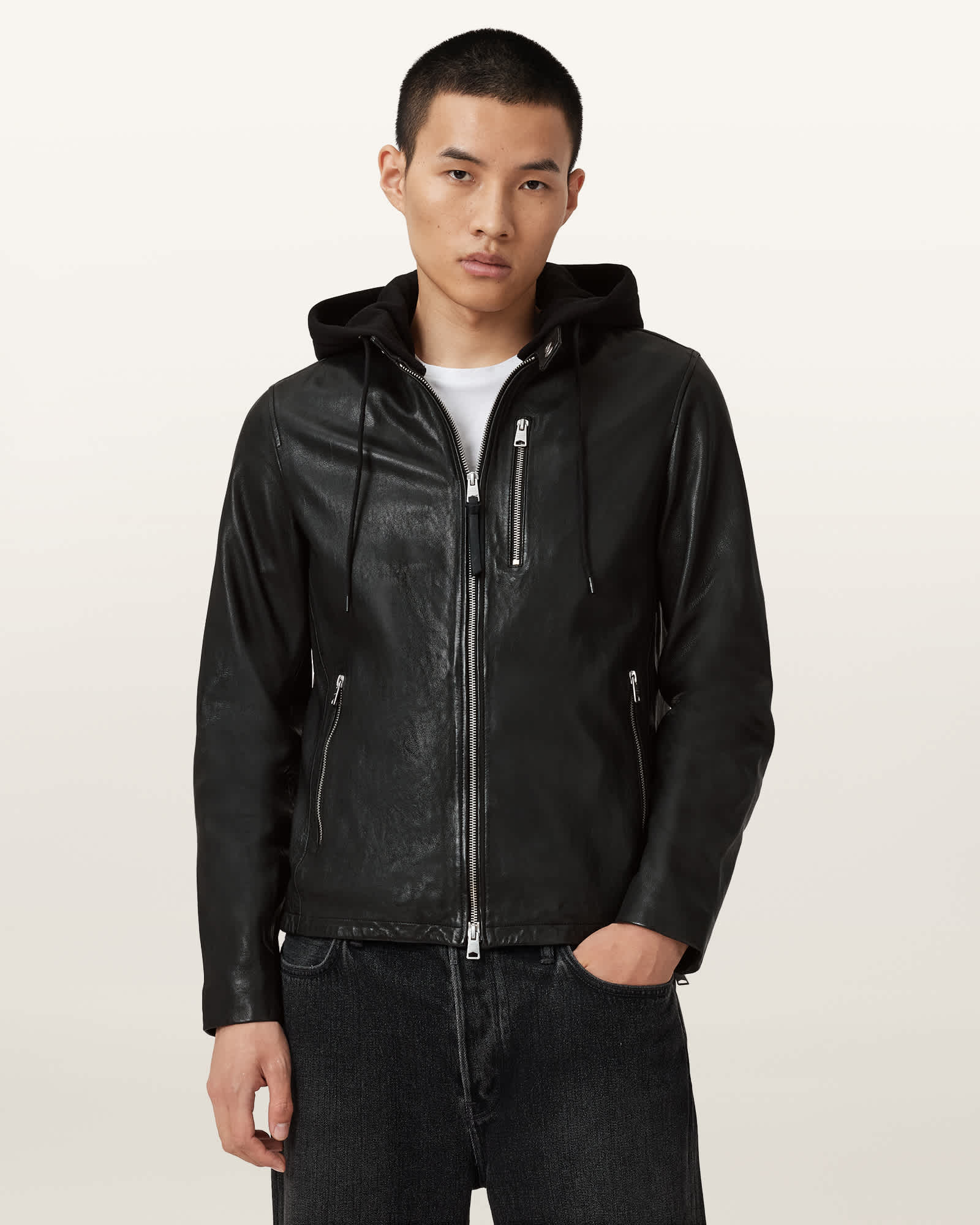 Allsaints Main: 100% Lamb Leather Ashton Hooded Leather Jacket In Black