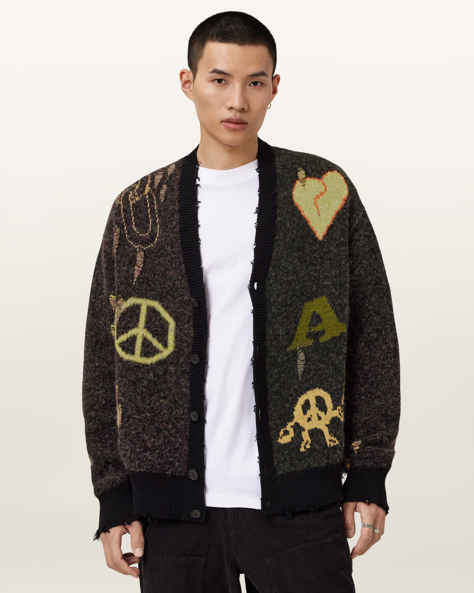 Allsaints Emotive Oversized Jacquard Cardigan In Black