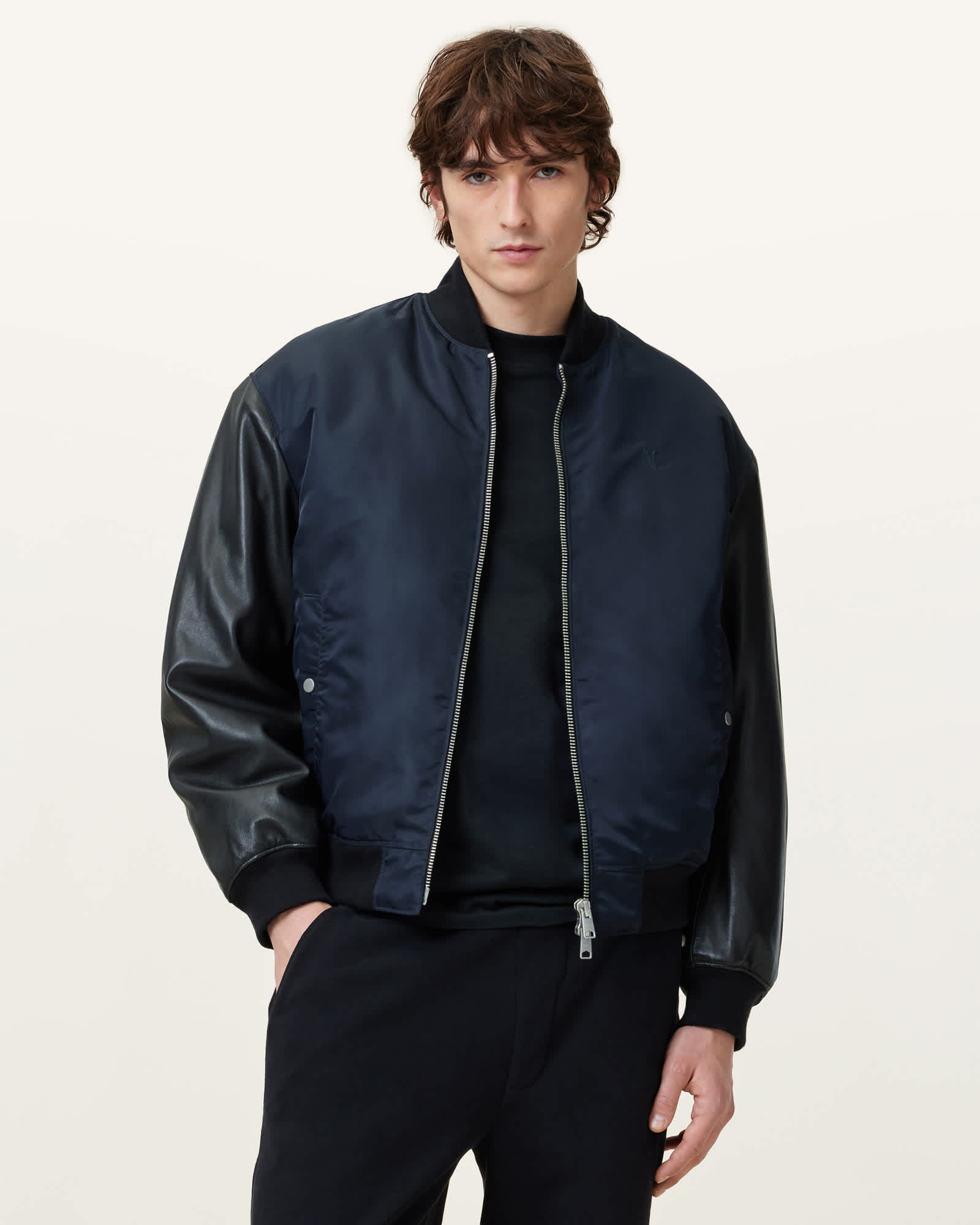AllSaints Myler Leather Sleeve Bomber,, Black/ink Blue