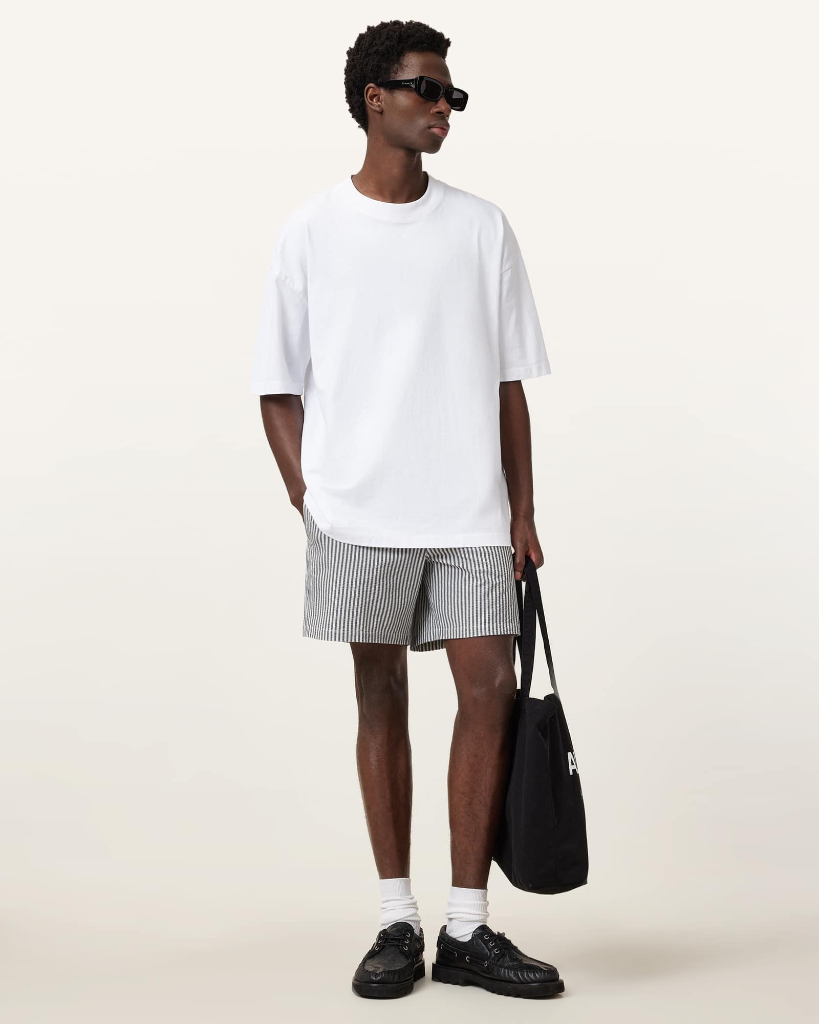 AllSaints Warden Striped Seersucker Swim Shorts,, White/Blue