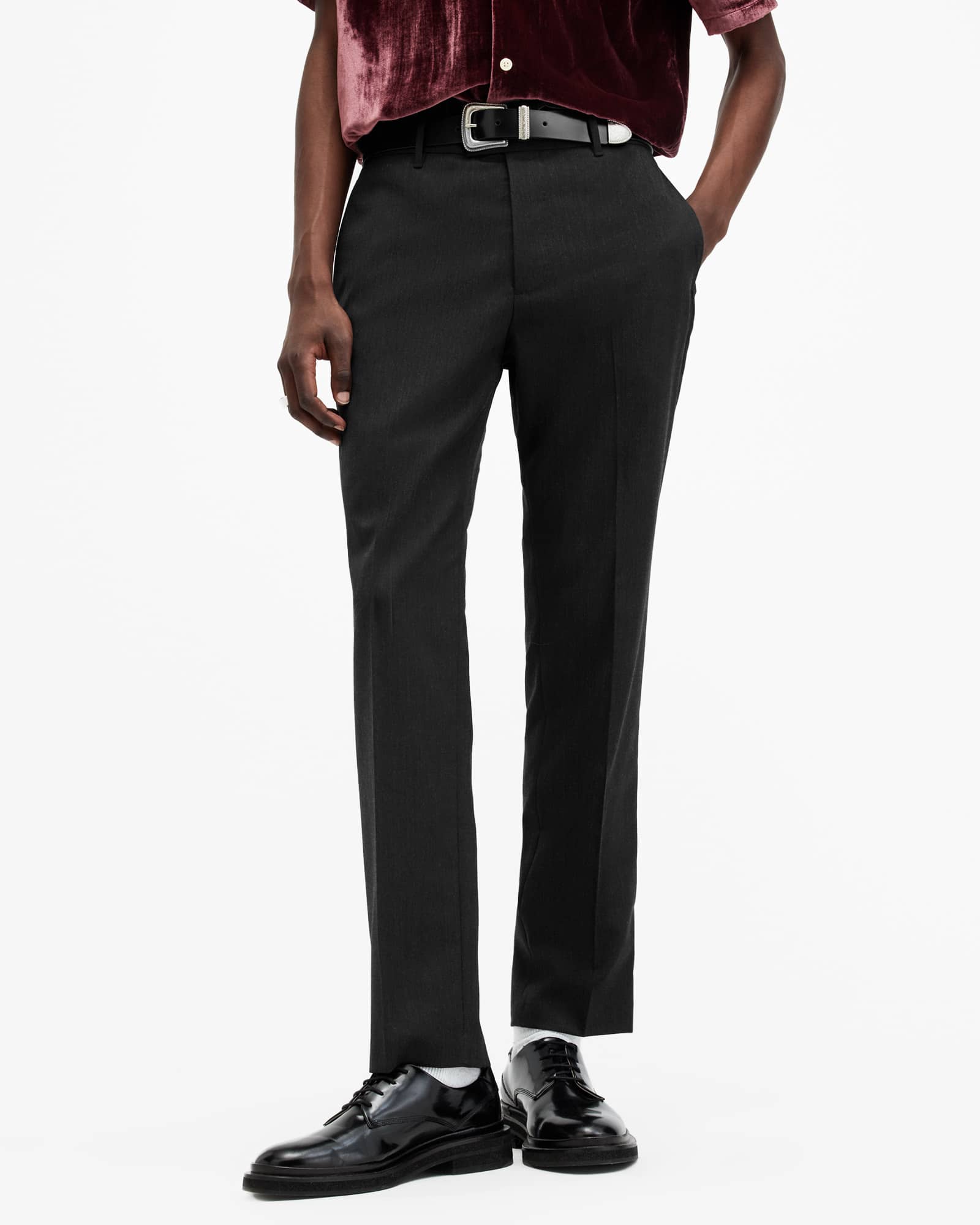 AllSaints Wool/Polyester Blackwater Straight Leg Tailored Trousers, Size: 28