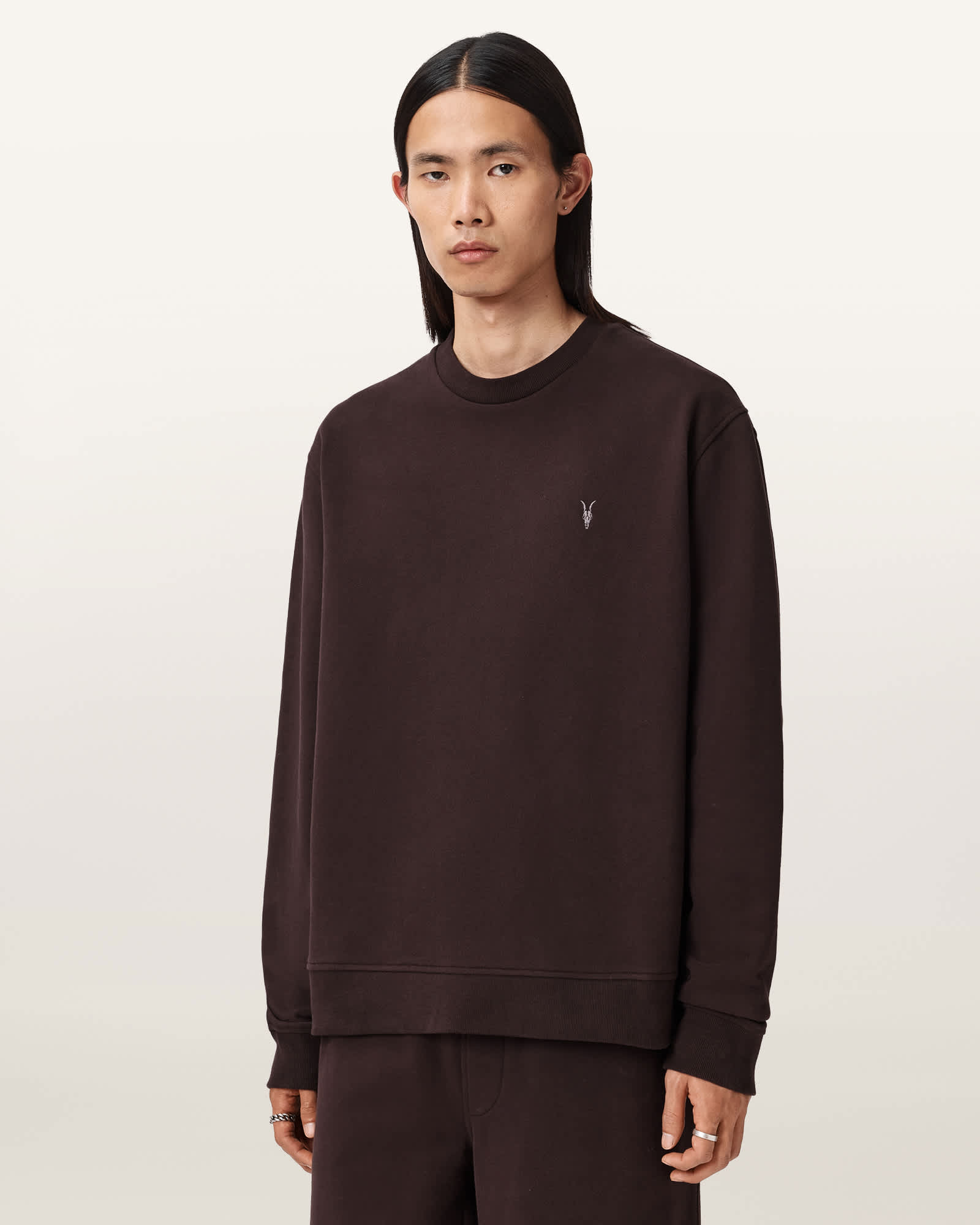 AllSaints Asher Ramskull Boxy Sweatshirt,, Plum Brown