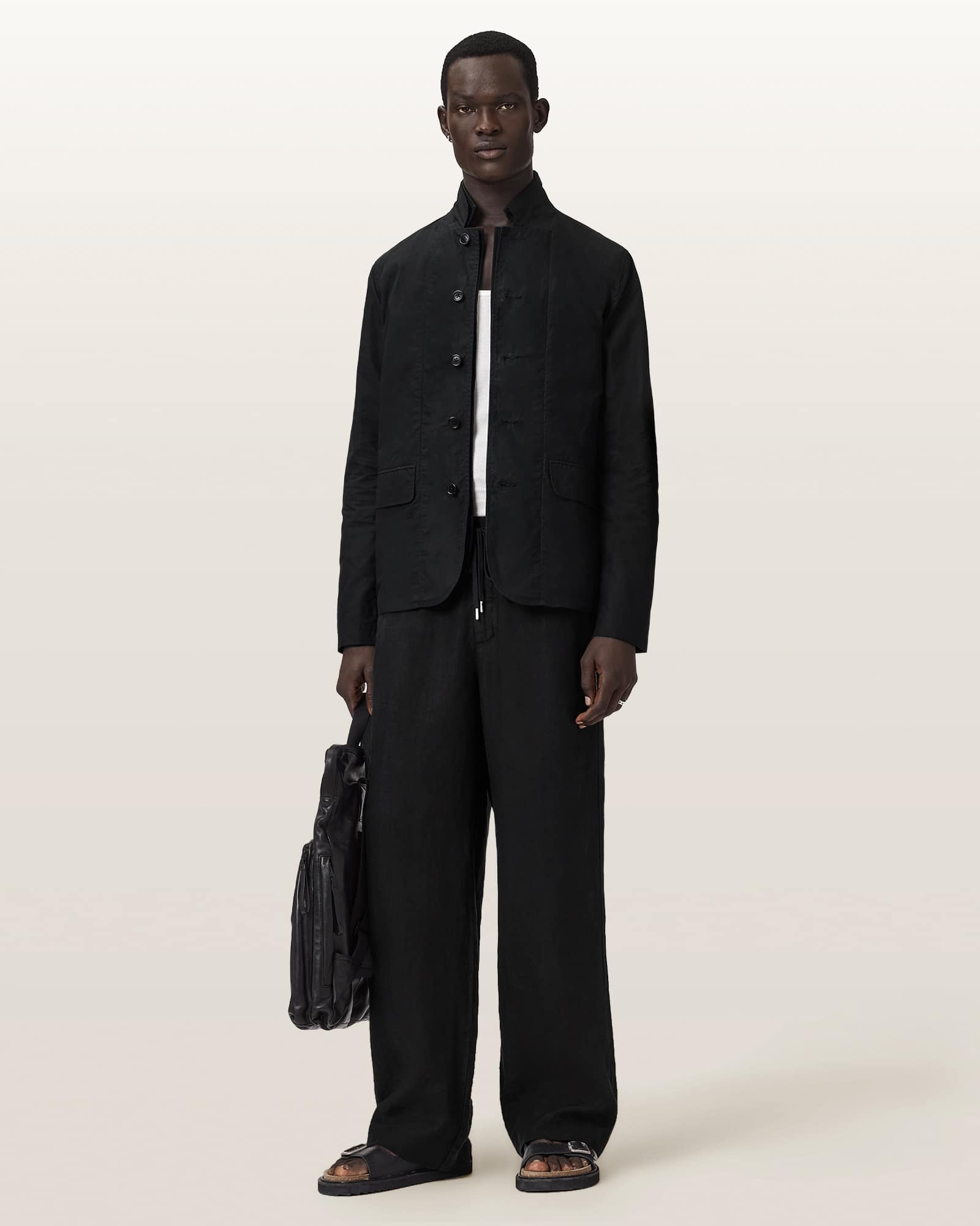 AllSaints Leat Slim Fit Double Breasted Blazer,, Black
