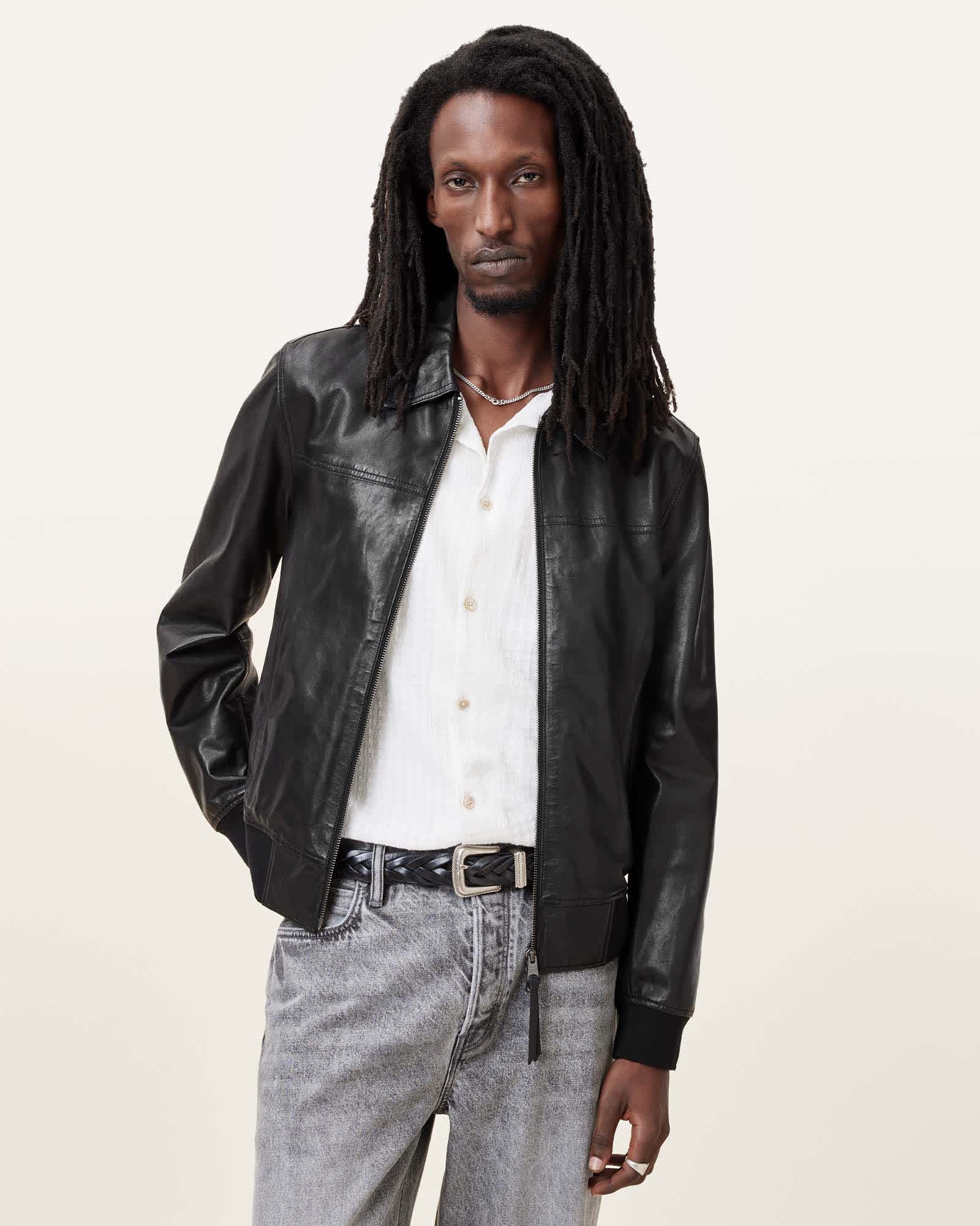 AllSaints Gen Lightweight Slim Fit Leather Jacket,, Black