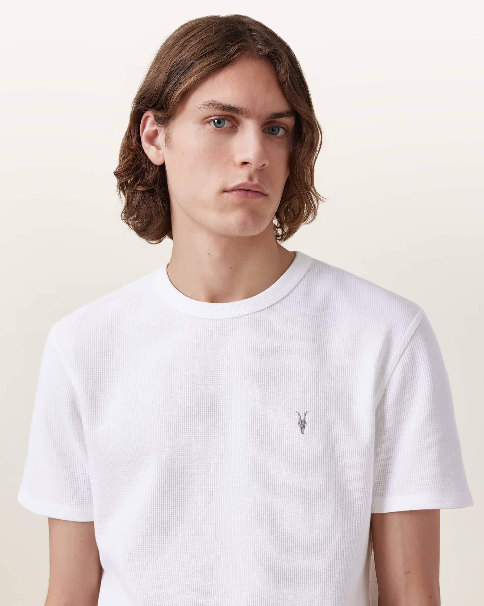 AllSaints Cotton Ellis Waffle Texture Crew Neck Ramskull T-Shirt, Size: XXL