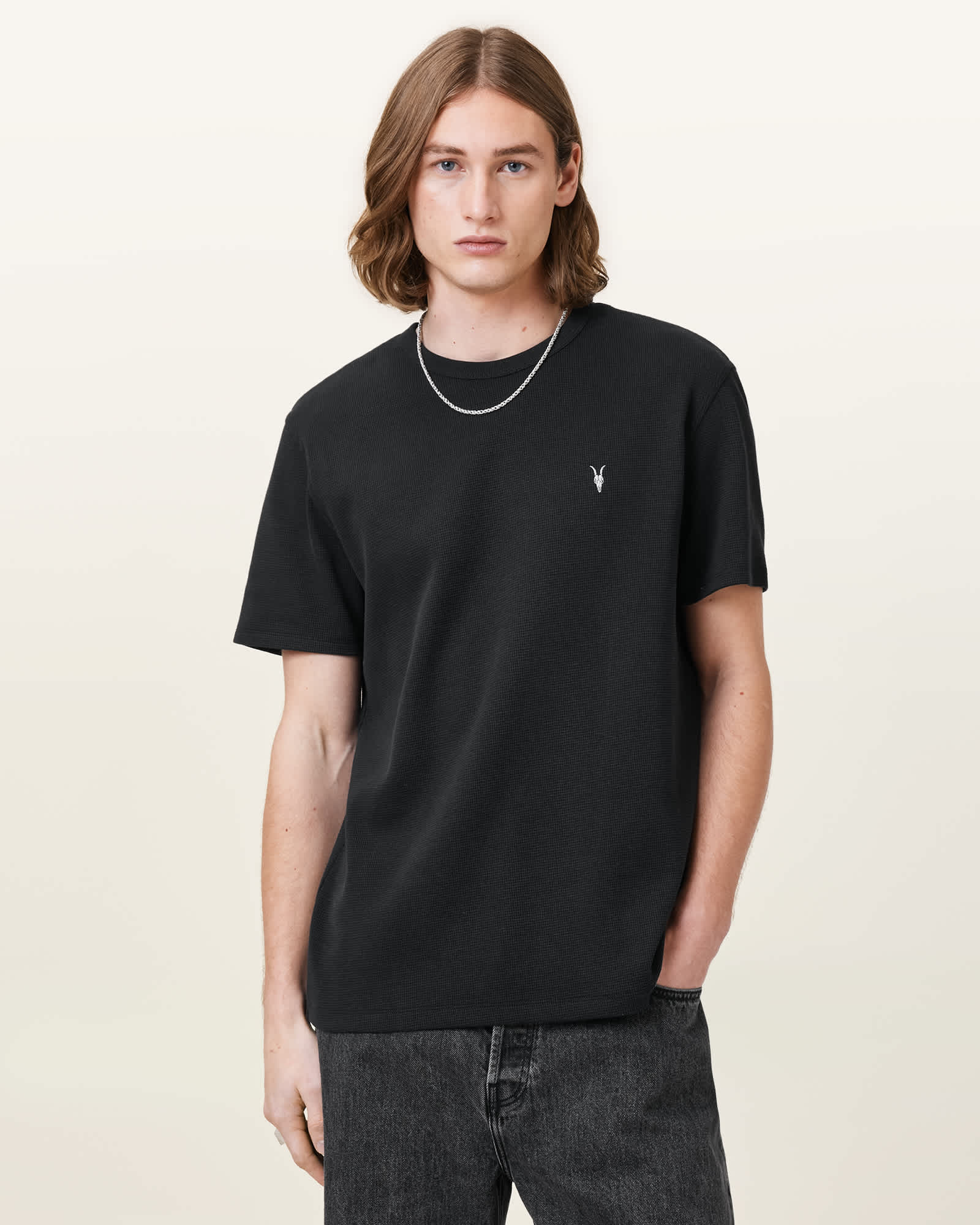 AllSaints Men's Ellis Waffle Texture Crew Neck Ramskull T-Shirt