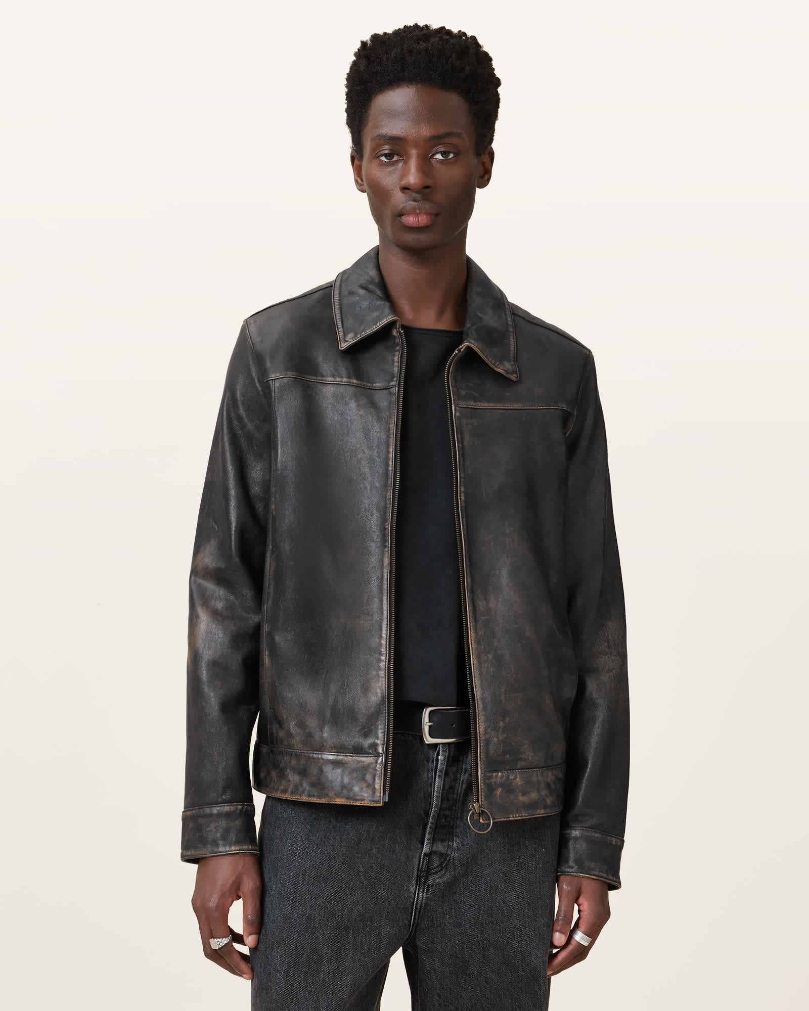 AllSaints Men's Sheep Leather Alkan Zip Up Two Tone Leather Jacket, Size: XXL