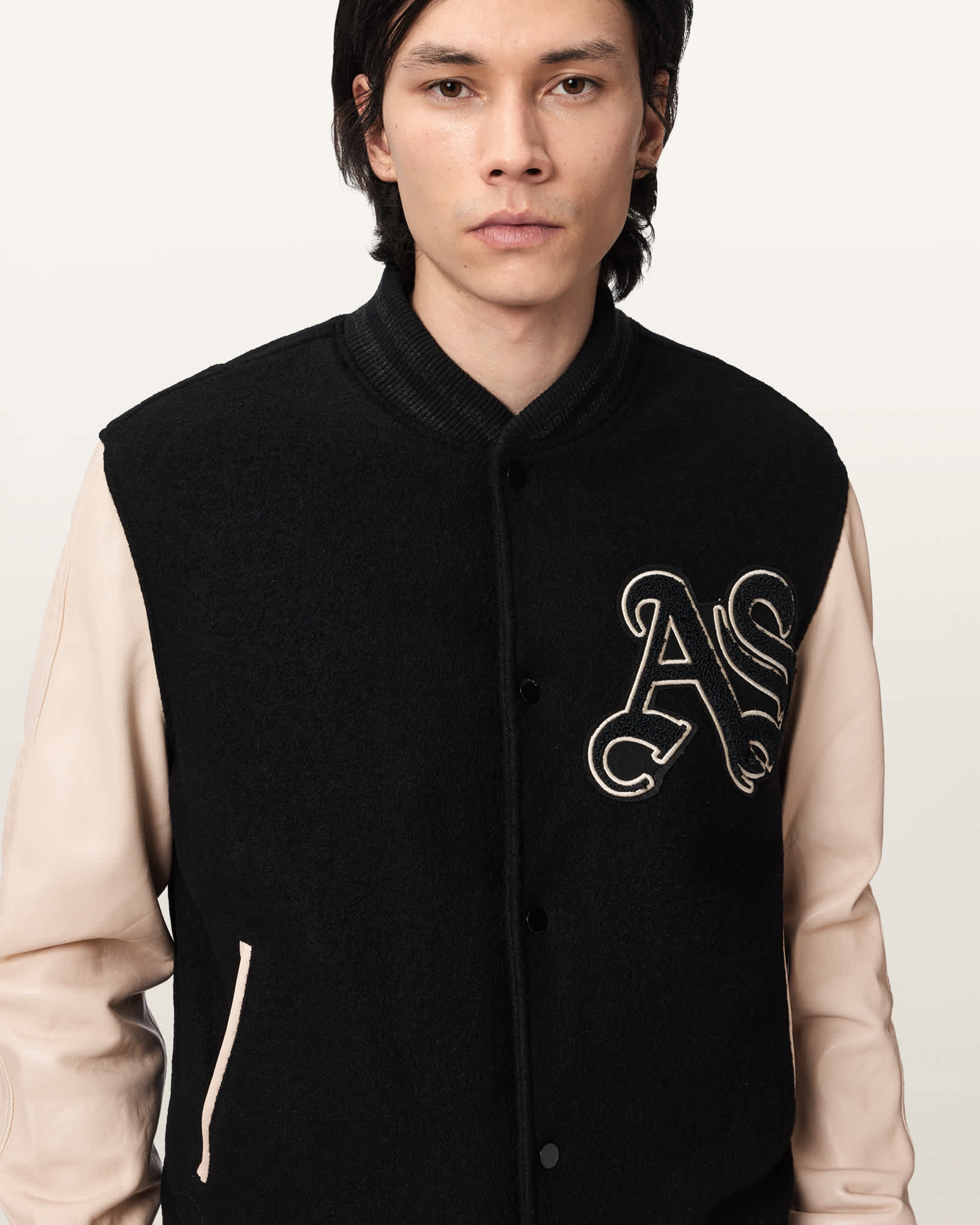 AllSaints Holloway Bomber Jacket,, Black/White