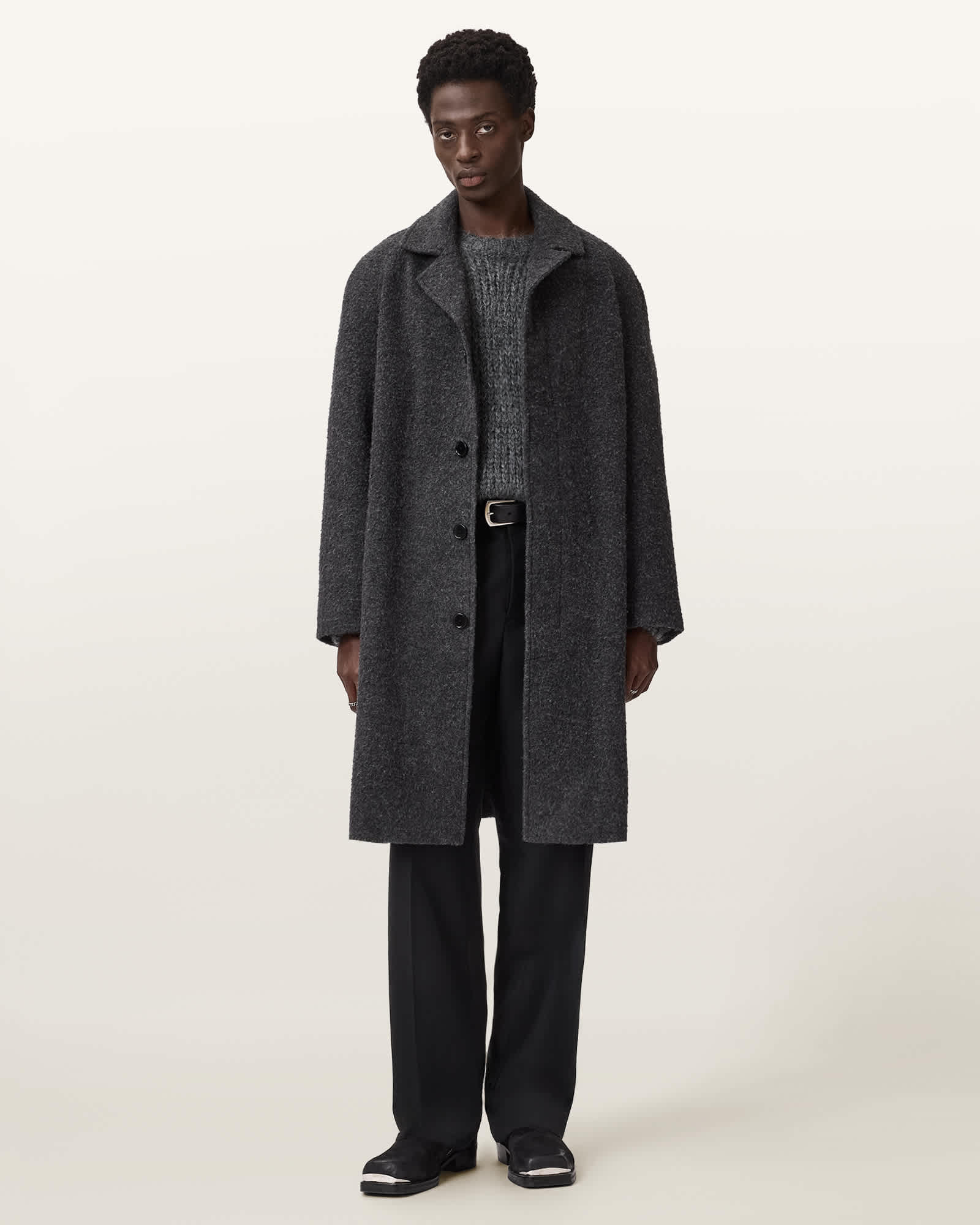 AllSaints Duke Single Breasted Wool Coat,, Charcoal Grey